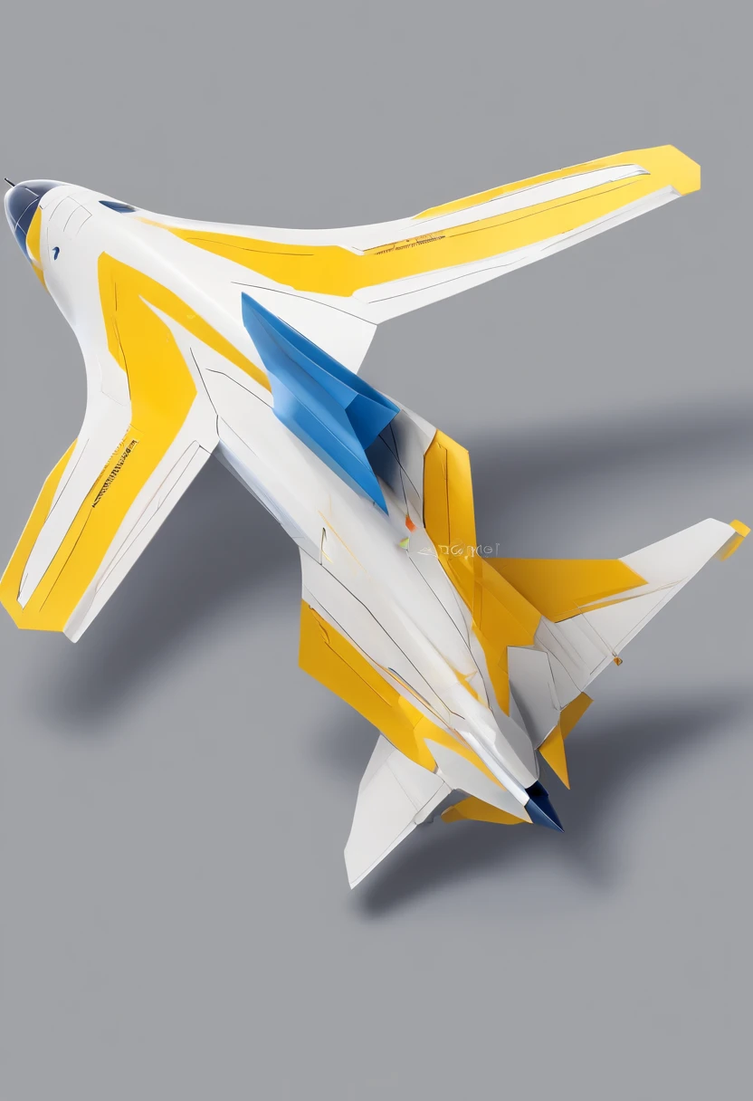 (a jet paper plane flying in the air, white background), yellow color, grey color, navy-blue color, white color, simple lightning, good camera angle, detailed shape