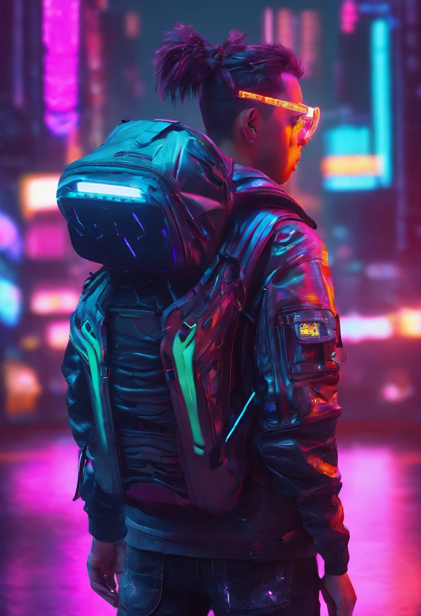 8k,fine image quality,Future street background,a cyberpunk boy,Carry this futuristic technology backpack,The backpack has a light,Future lighting camera in hand,Back shadow