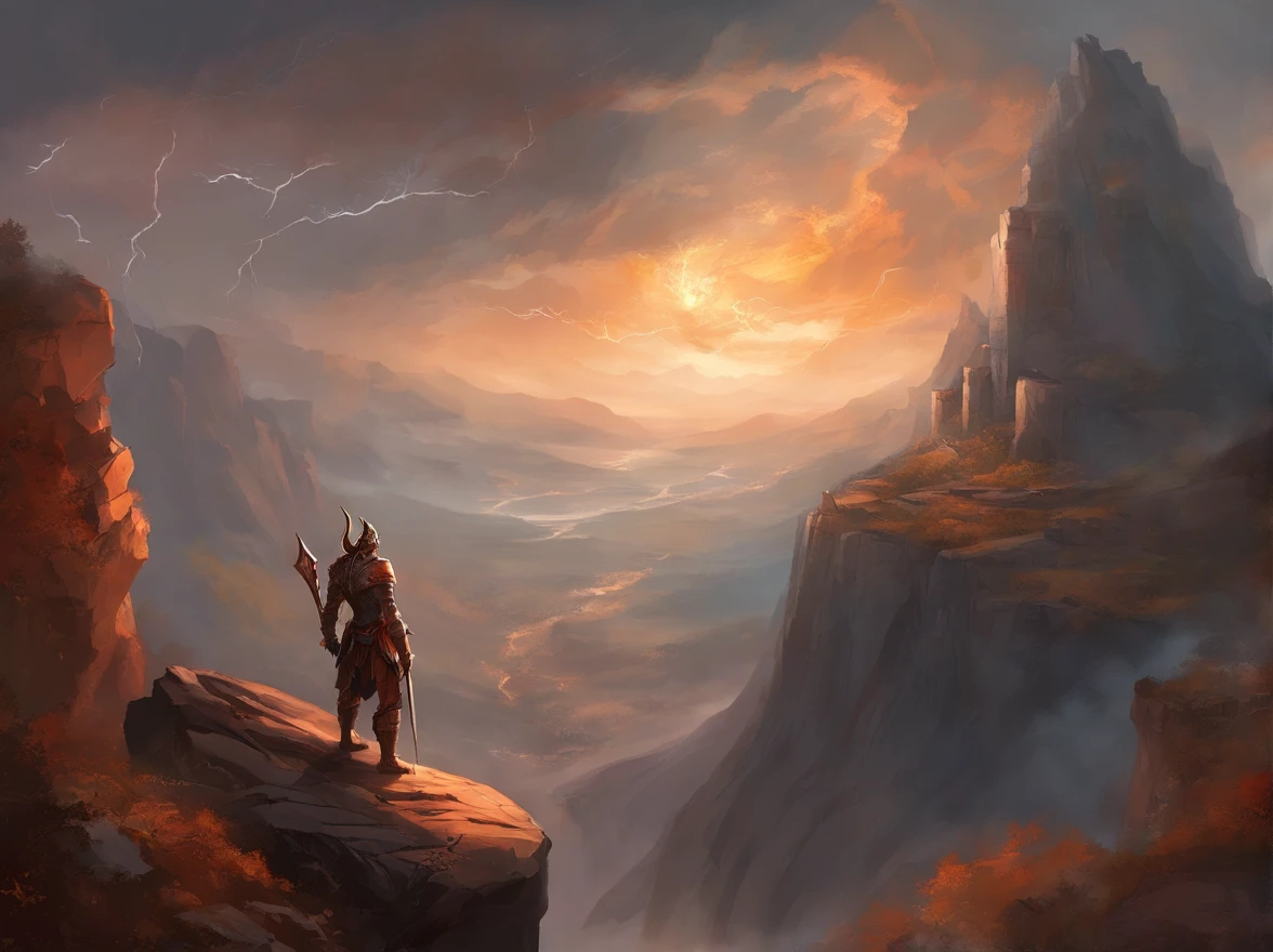 Barren cliffs of grey and brown granite overlooking a deep canyon filled with lava, on the close edge of the cliff rests a kneeling anthropromorphic dragon male, he only has an armored waistplate and has a sword in his right hand, his scales are dark grey over his back and shoulders, and on his inner thighs and chest his scales are tan, the sky is filled with stormy lightning clouds