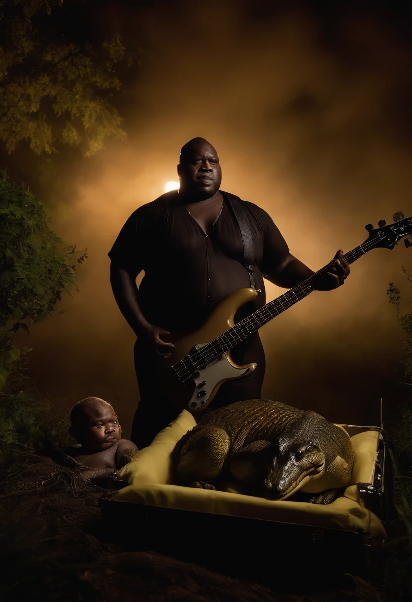 Flash photography of an extremely obese, shirtless, bald black man playing a bass guitar. And an alligator playing the drums behind the obese black man in a swamp at night