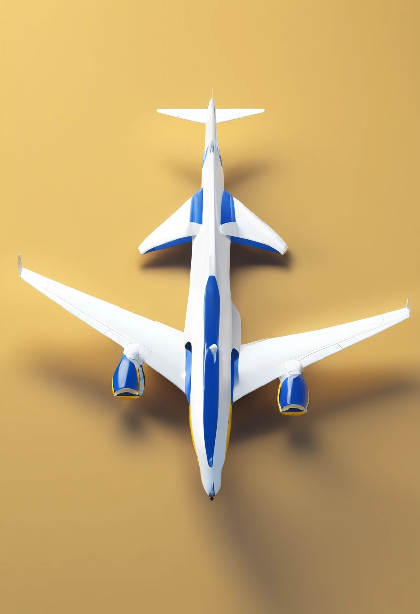 (a jet plane flying in the air, white background), yellow color, grey color, navy-blue color, white color, simple lightning, good camera angle, detailed shape, low-poly render