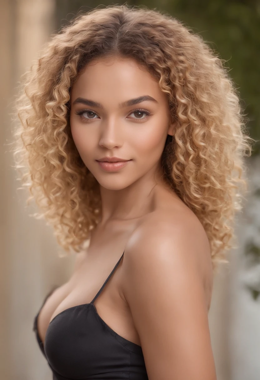 Pretty sexy African American woman 20 years old blonde curly hair at the waist, yeux verts clairs, Mini bikini, looking back, gros cul, Un sourire humble, Bas en maille sur les cuisses, Bon abdos, Belles jambes longues sexy, (photo-realistic: 1,5) (tmasterpiece: 1,5) (beste-Qualit: 1,5) (Color Corrected) (Envelope Details: 1,5) (8k)Full body photo