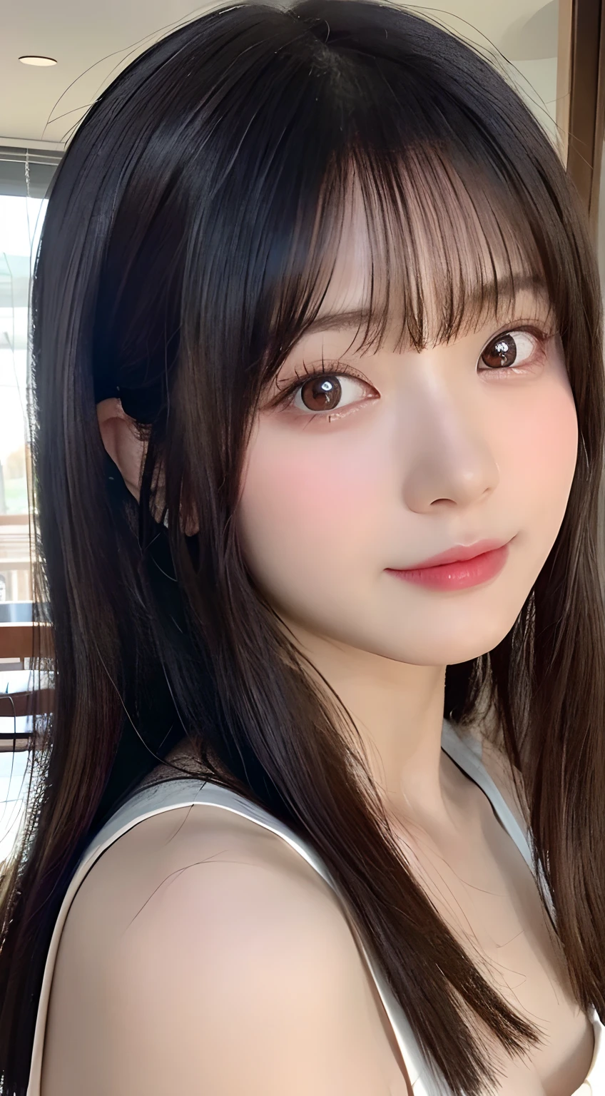 (top-quality,masterpiece:1.3,超A high resolution,),(ultra-detailliert,Caustics),(Photorealsitic:1.4,RAW shooting,)Ultra-realistic capture,A highly detailed,High resolution 16K human skin closeup。 Skin texture is natural、,The pores are、Must be detailed enough to be easy to identify。 Skin should look healthy with even tones。 Use natural light and color,resturant,(Waitress uniform:1,3),1人,japanes,18year old,kawaii,A dark-haired,Middle hair,(large boob:1.2),smil,Turn your body to the front,(front-facing view:1.2),Looking at the camera,Bust-up shot:1.1,boob focused:1.1,Chest close-up:1.1