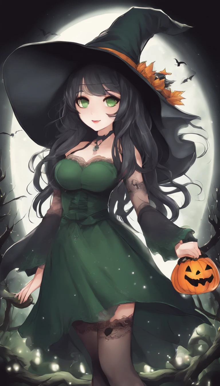 Curvaceous,1 very young girl,full body view,dressed as a witch,tall witch hat,thigh_highs,mini_skirt,large_hips,spooky,ghosts, Halloween, gigantic_breasts,cleavage cutout,blushing,ahegao_face,black-hair,green-eyes,heart-shaped_pupils,long_hair,tiny-waist,High detailed,