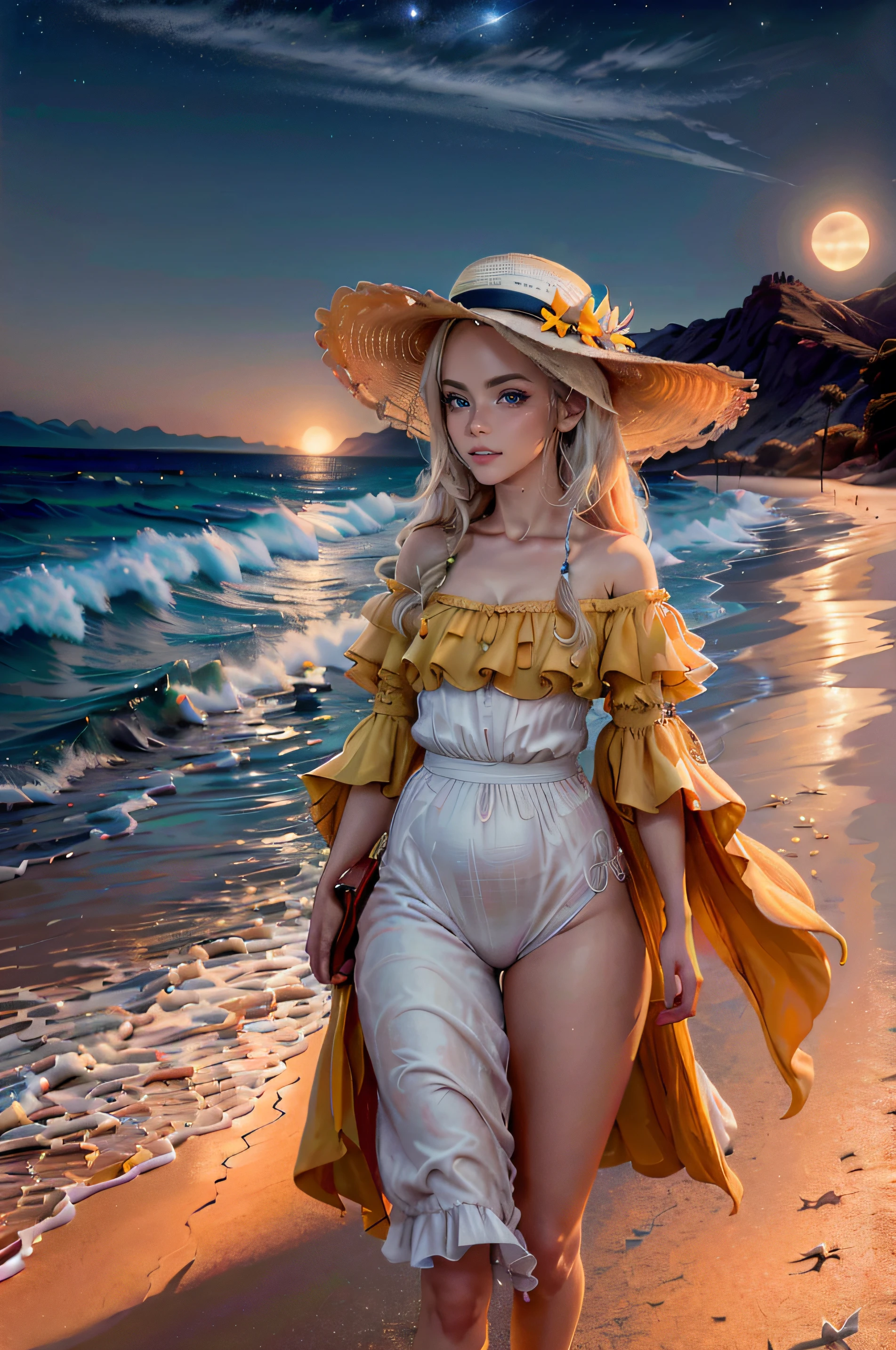 Foto premiada, ((obra maestra, La mejor calidad)), absurdos, vivid_Ajuste, No hay humanos, paisaje, film-like composition, ocean, estrellas, luna, calma, birds, palmeras, playa, noche, inspiration, naranja, amarillo, caminando en la playa, realista, Cara hermosa, Casa en la playa, mas calmado. agua cristalina, vista lejana