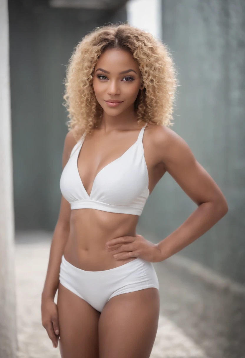 Pretty sexy African American woman 20 years old blonde curly hair at the waist, yeux verts clairs, forte poitrine, corps parfait, Mini bikini, looking back, gros cul, Un sourire humble, Bas en maille sur les cuisses, Bon abdos, Belles jambes longues sexy, (photo-realistic: 1,5) (tmasterpiece: 1,5) (beste-Qualit: 1,5) (Color Corrected) (Envelope Details: 1,5) (8k)Full body photo