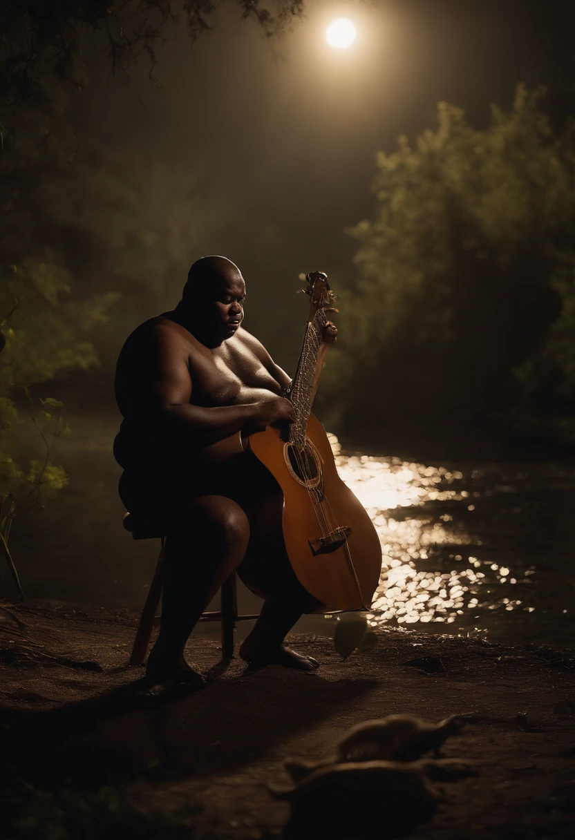 Flash photography of an extremely obese, shirtless, bald black man playing a bass guitar. And an alligator playing the drums behind the obese black man in a swamp at night