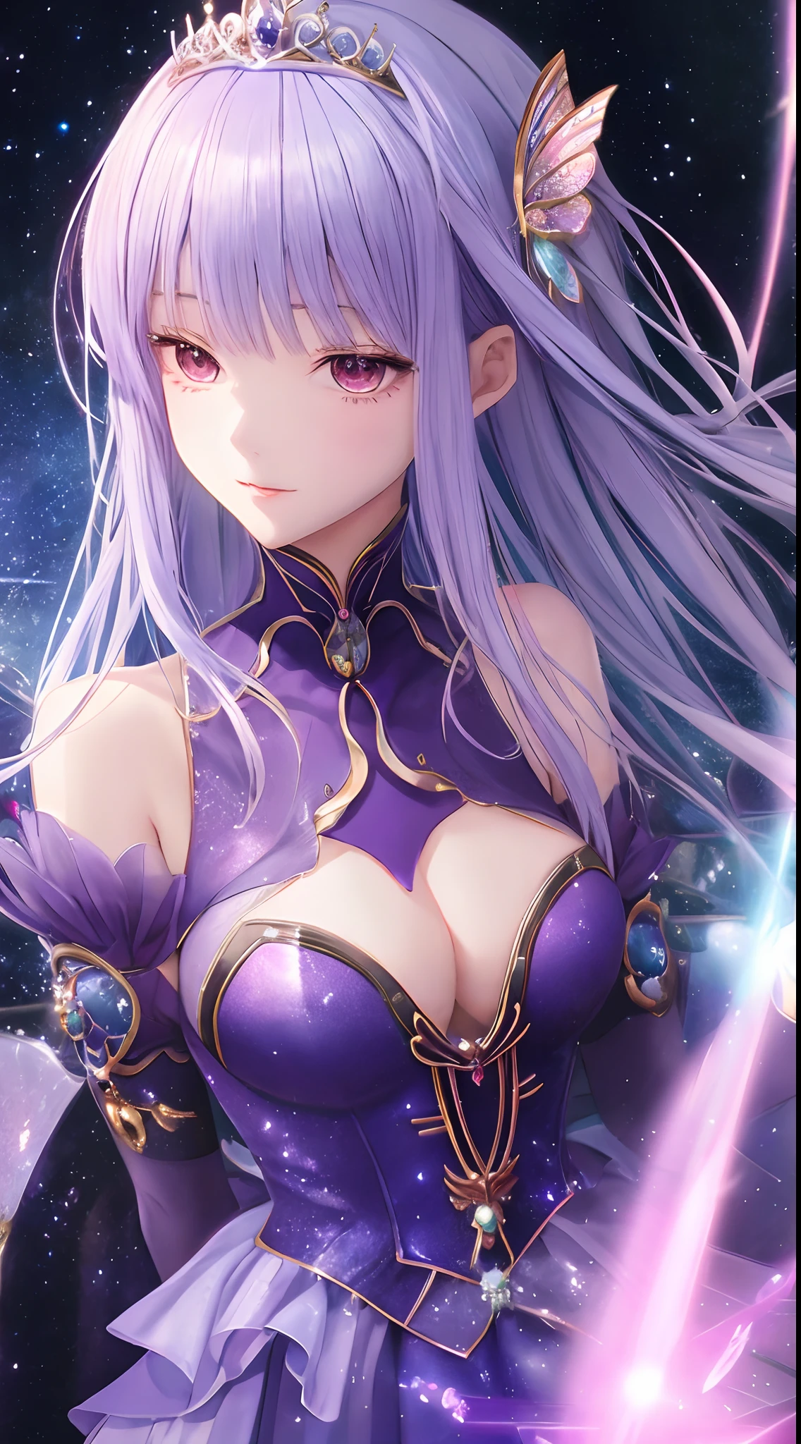 An anime girl in a purple dress,butterflys,astral fairy,Anime fantasy illustration,Ethereal fantasy,Anime fantasy artwork,Fantasy art style,ethereal essence,fae priestess,((a beautiful fantasy empress)),of ethereal fantasy,astral ethereal,beautiful fantasy anime,a stunning young ethereal figure,a beautiful fantasy empress,Hyper-Resolution,accuracy,detail render,(Delicate facial portrayal)(Fine hair portrayal)(highest quality)(Master masterpieces)(High degree of completion)(a sense of atmosphere)tmasterpiece,ultra - detailed(half-body portrait)
