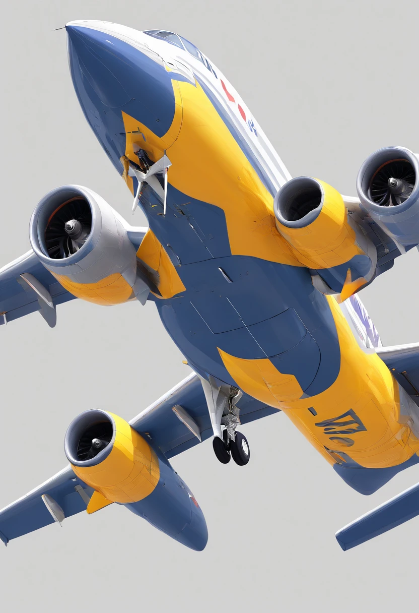 (a jet plane take-off in the air, white background), yellow color, grey color, navy-blue color, white color, simple lightning, good camera angle, fine shape, low-poly render