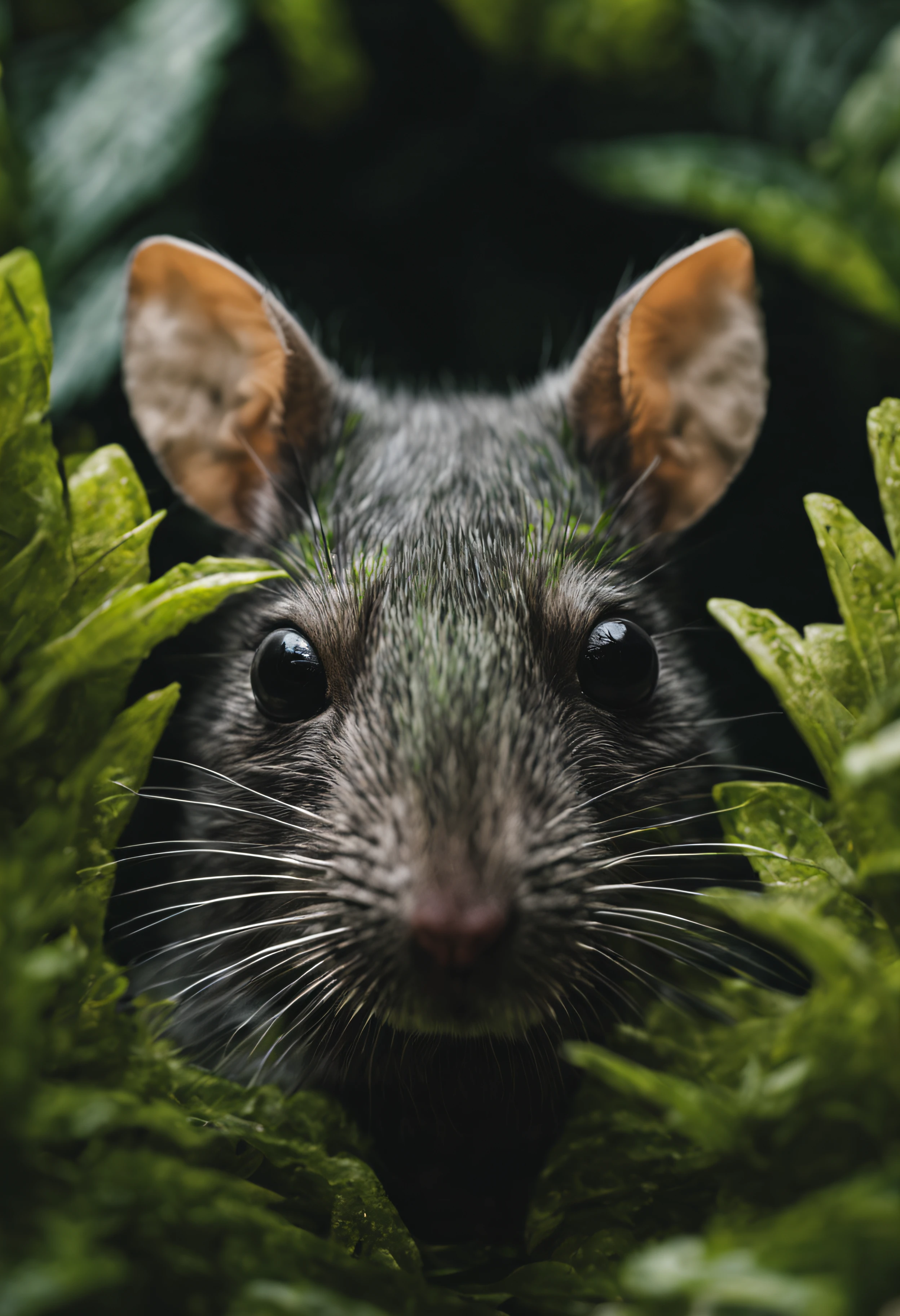 High nation-geographic symmetrical close-up portrait shoot in green jungle of an expressive Laotian rock rat Animal , anamorphic lens, ultra-realistic, hyper-detailed, green-core, jungle-core –ar 16:9 –q 2 –v 5