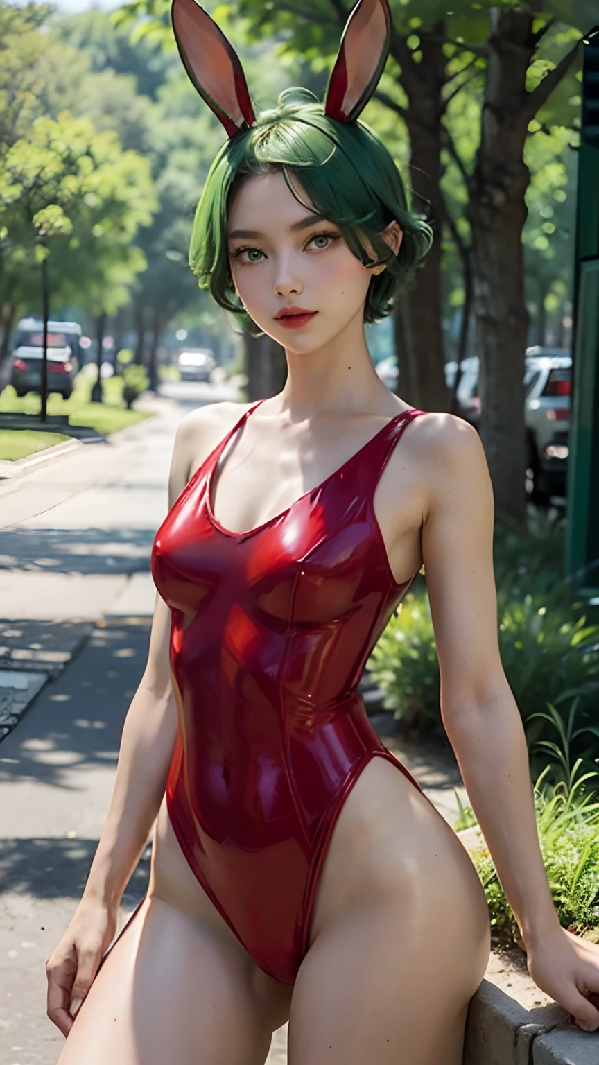 Beautiful woman wearing red bunnysuit, detailed body, green short hair, green eyes, flat cheast, fishnet, cowboy-shot