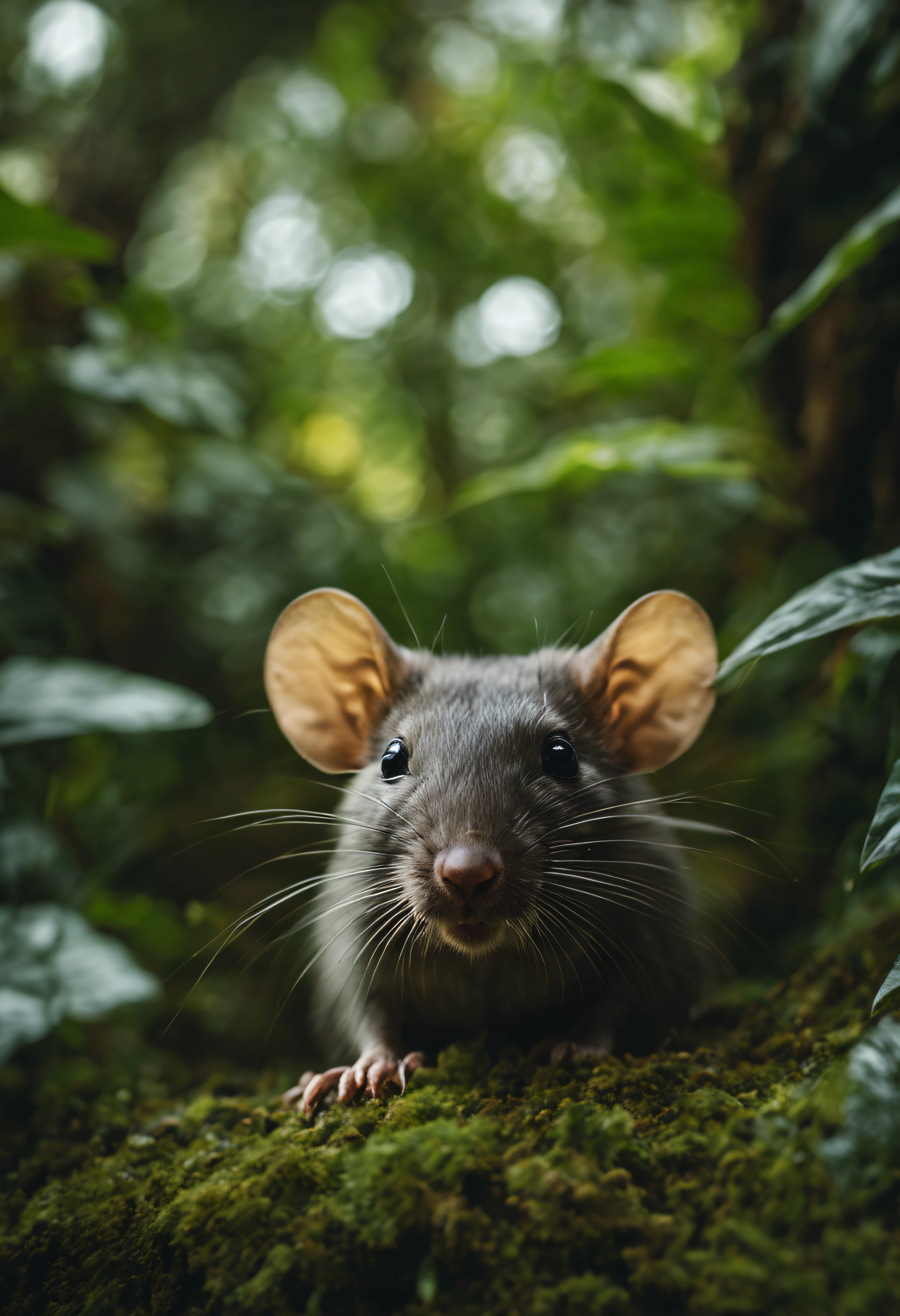 High nation-geographic symmetrical close-up portrait shoot in green jungle of an expressive Laotian rock rat Animal , anamorphic lens, ultra-realistic, hyper-detailed, green-core, jungle-core –ar 16:9 –q 2 –v 5