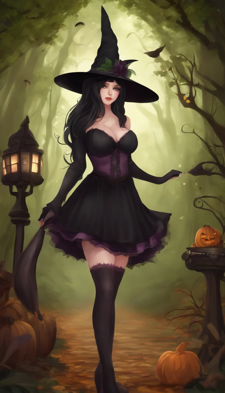 Curvaceous,1 very young girl,sitting on 1spooky pumpkin,full body view,dressed as a witch,tall witch hat,thigh_highs,mini_skirt,large_hips,spooky,ghosts, Halloween,blushing,ahegao_face,black-hair,green-eyes,heart-shaped_pupils,long_hair,tiny-waist,High detailed,