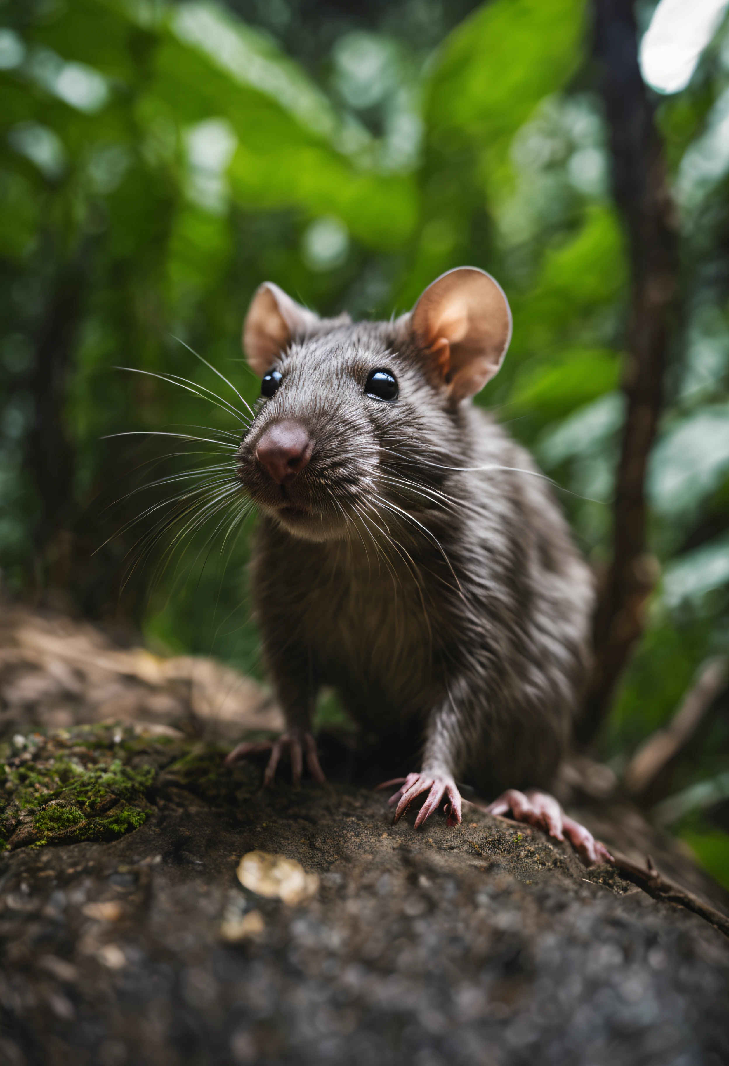 High nation-geographic symmetrical close-up portrait shoot in green jungle of an expressive Laotian rock rat  Animal , anamorphic lens, ultra-realistic, hyper-detailed, green-core, jungle-core –ar 16:9 –q 2 –v 5