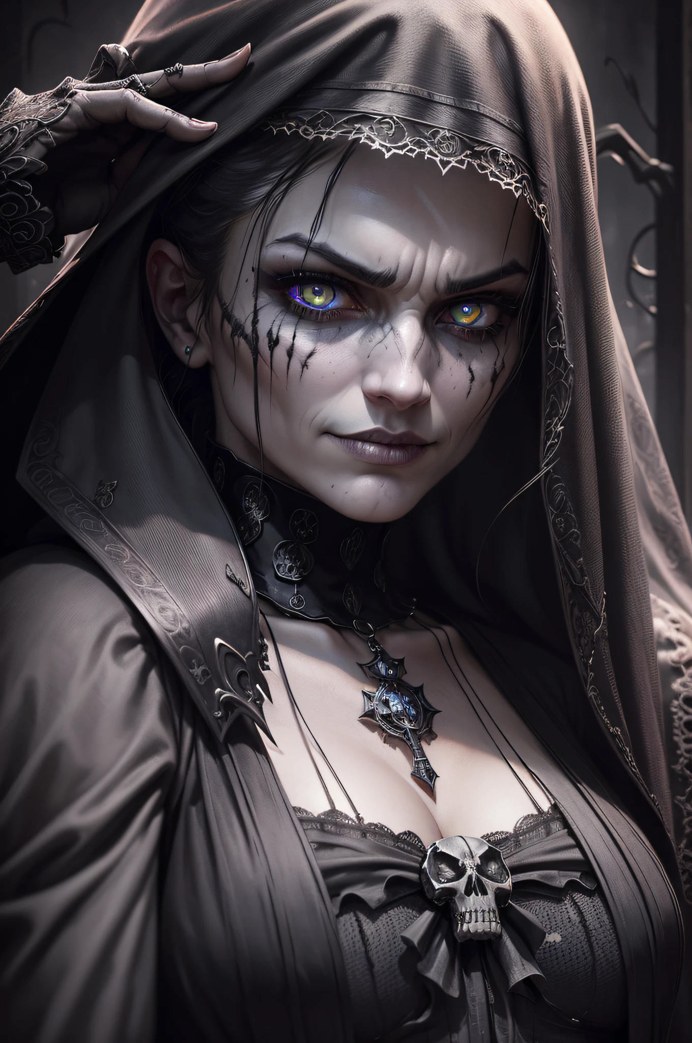 The Punisher, Nightmare before Christmas style, (masterpiece, best quality), (perfect hands), (hyper-realistic:1.6), (detailed face), (award-winning), (sharp), (8k resolution), (cinematic lighting), colors: dark and gloomy, (haunting), (intense expression), (detailed skull emblem), (eerie atmosphere), (comic book vibe),(gritty), (dramatic shadows), (dynamic pose), (ominous vibe), (artistically rendered), (sinister), (captivating), (gothic), (mysterious setting), (moody color palette), (expertly painted), (uneasy feeling), (intricate detailing), (sinister smile), (foreboding), (captivating eyes), (horror elements), (captivating composition), (impressive anatomy),(striking contrast), (foreboding mood), (exquisite craftsmanship), (intriguing character design)