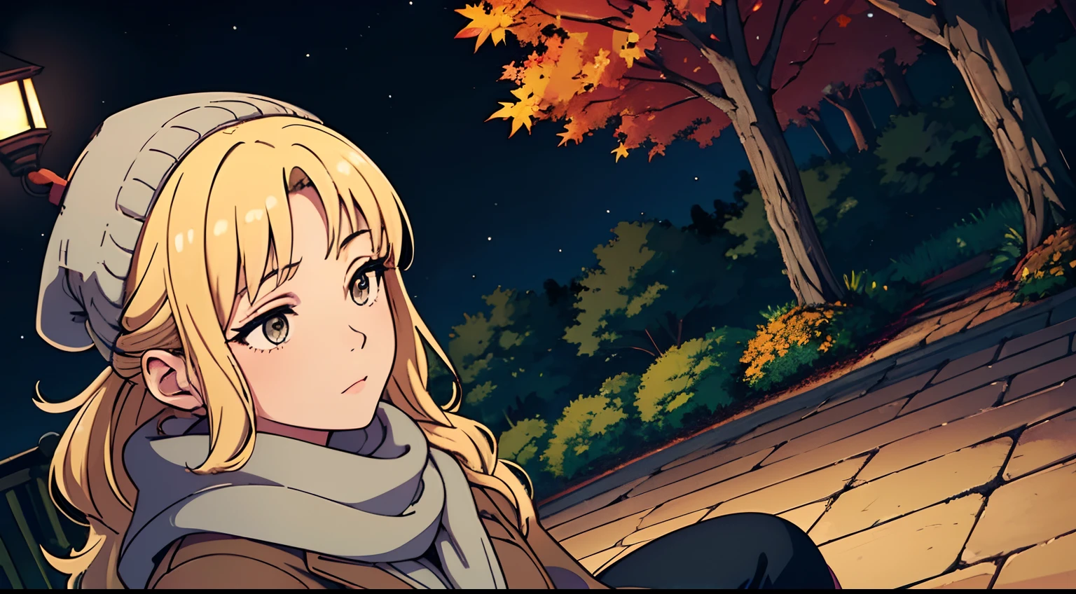 Cute girl, in warm clothes, knitted hat, scarf, long blonde hair, gray eyes, (night:1.5), street, lantern, light from a lantern, it's dark around, park, sitting on bench, autumn, yellow leaves on the path, 4k, 8k, masterpiece, ultra quality, intricate details, detailed and complex background, (high angle view:1.5), High detailed