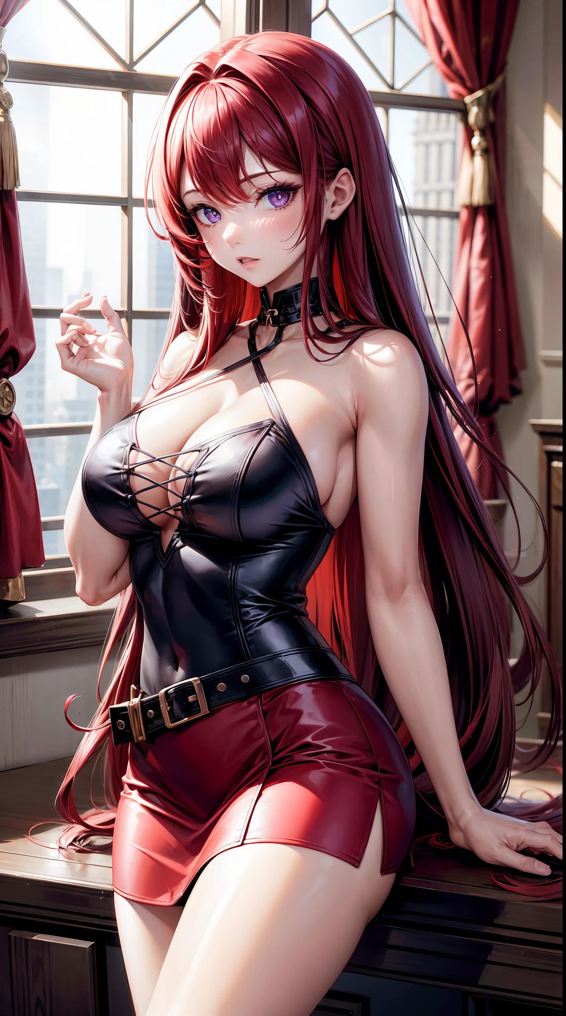 (A high resolution)Extreme picture quality，Rich in detail，Beautiful woman with long red hair，Purple pupils，middlebreast，a skirt，full bodyesbian