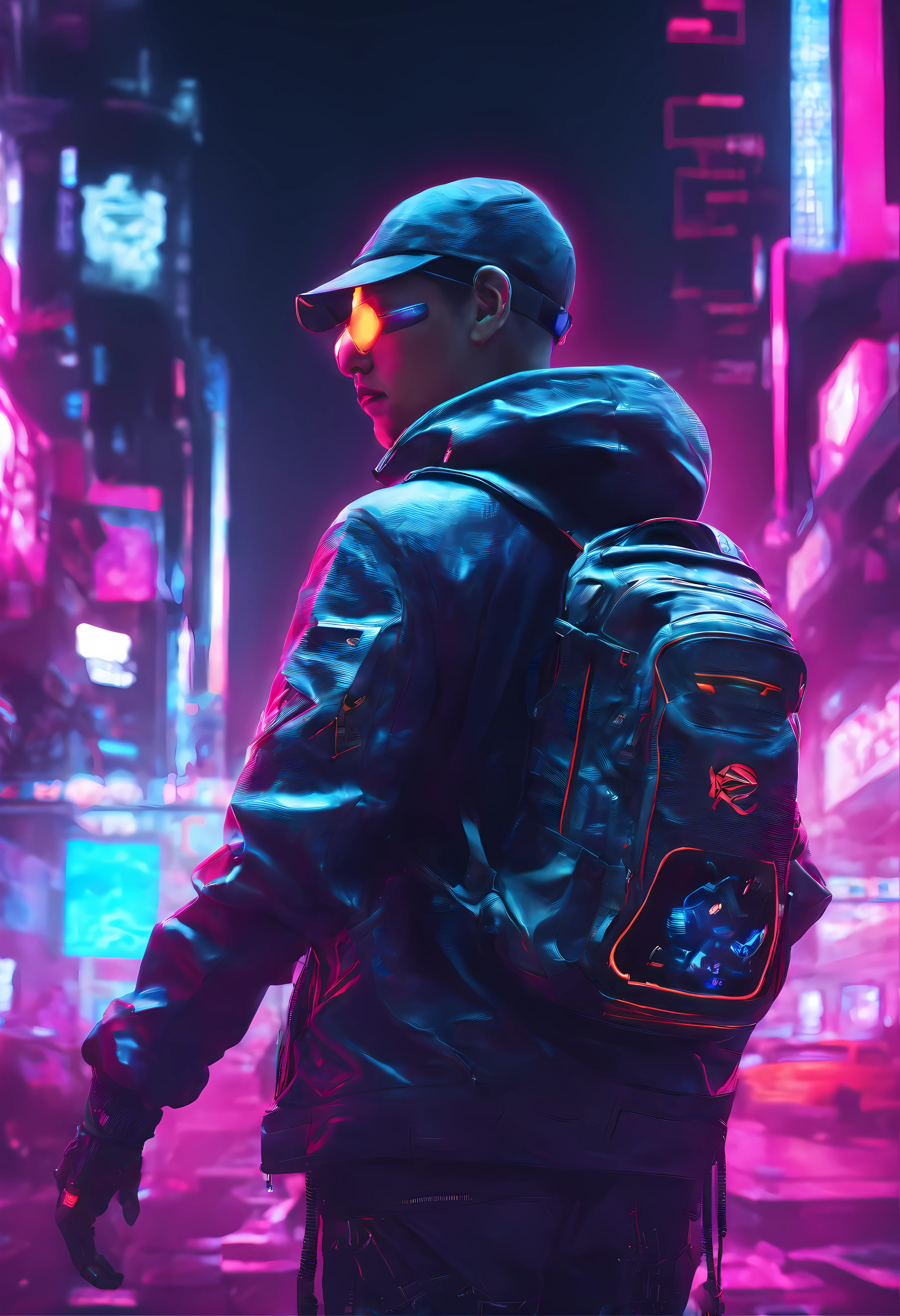 8k,fine image quality,Future street background,a cyberpunk boy,Carry this futuristic technology backpack,The backpack has a light,Future lighting camera in hand,Back shadow