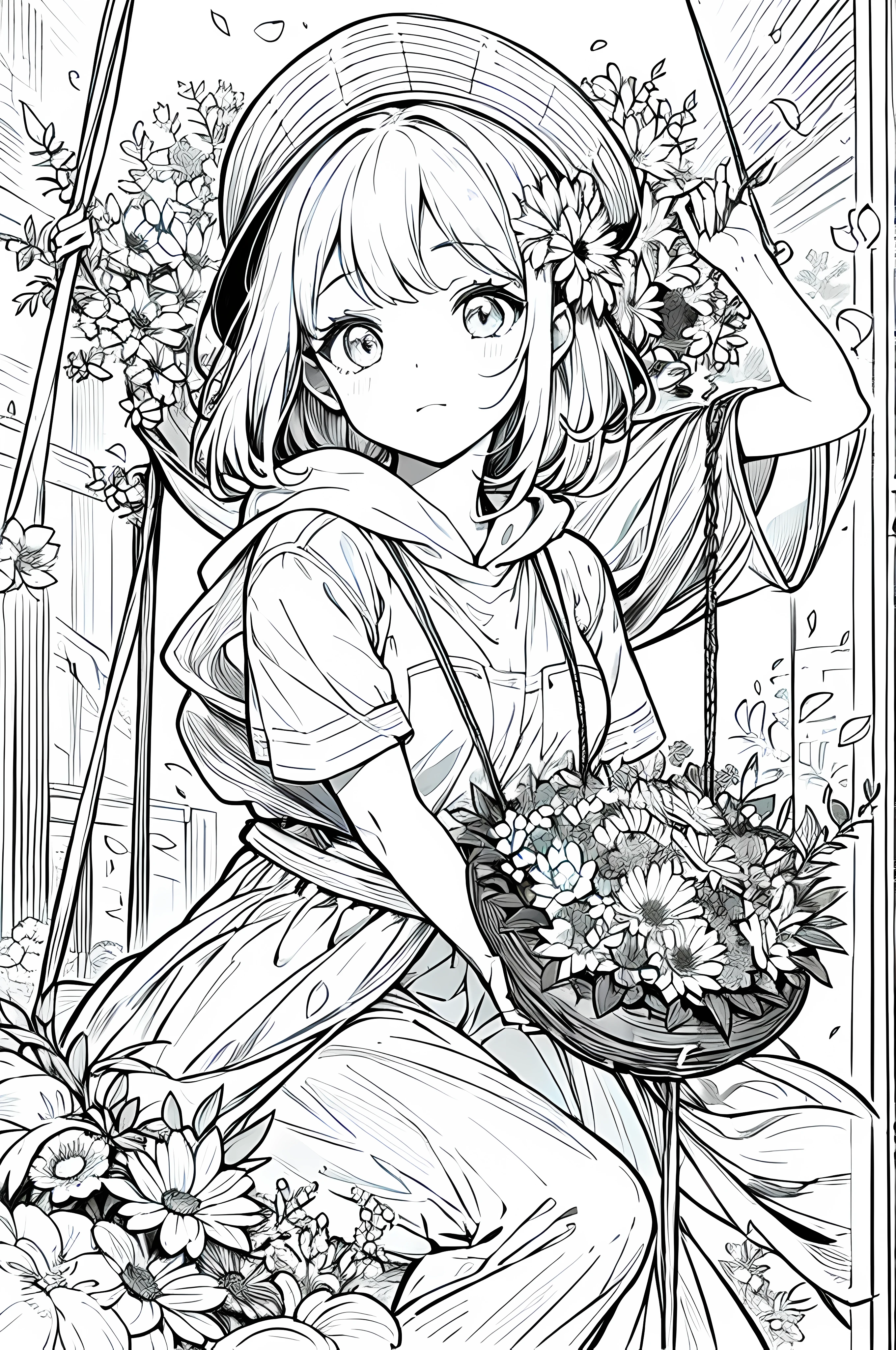 obra prima, melhor qualidade, 1 girl swinging on a swing, sozinho, Cabelos compridos, Olhando para o Viewer, sorrir, franja, saia, Camisa, Mangas compridas, kalap, vestir, Arco, participation, boca fechada, flor, Babados, flor do cabelo, Petals, flower bouquet, Fixing flower, Volantes Centrais, Hood, flower fixing bouquet, campo, flor, campo, arte linear, monocromatic,