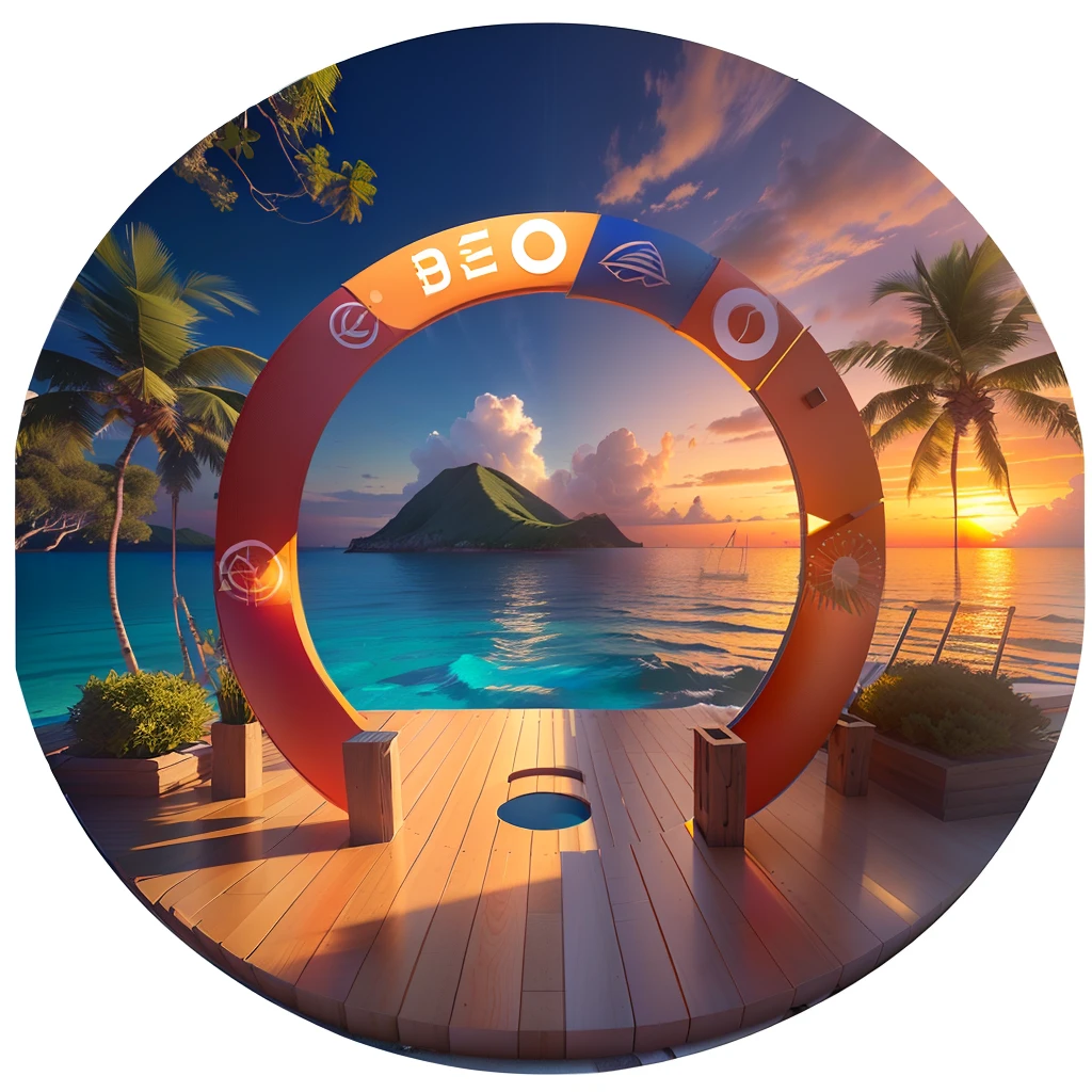 Create a double circular logo, with a ribbon banner stretching across. The inner circle will be decorated with a tropical landscape comprising of coconut trees, red orange sunset and the ocean while the banner will have the Slogan Island Vibes In Bold., typography, 3d render, cinematic