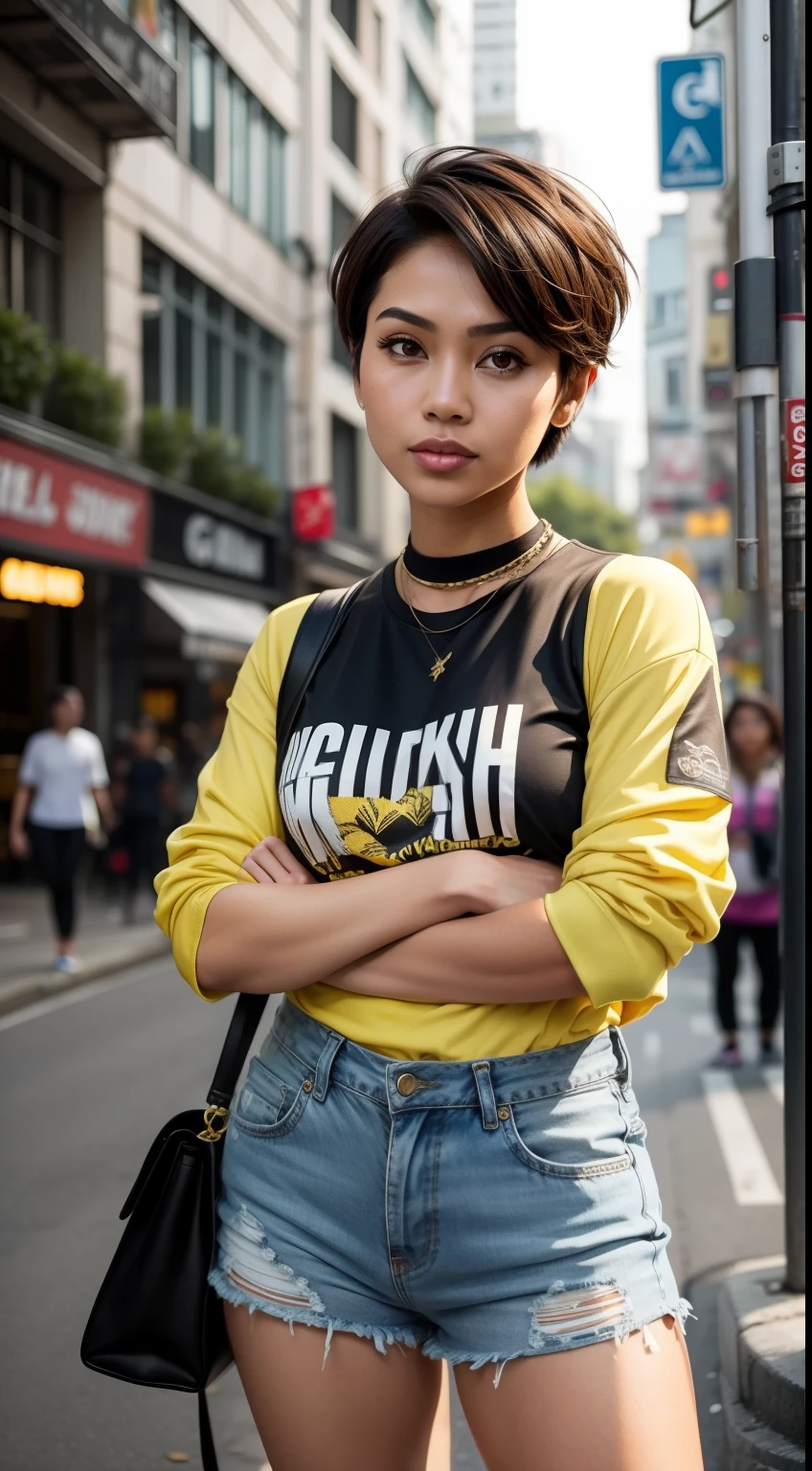 Create a dynamic urban portrait of the Malay woman in contemporary streetwear, golden brown short pixie cut hair, capturing her confidence and style as she strikes a pose against the backdrop of a bustling city street