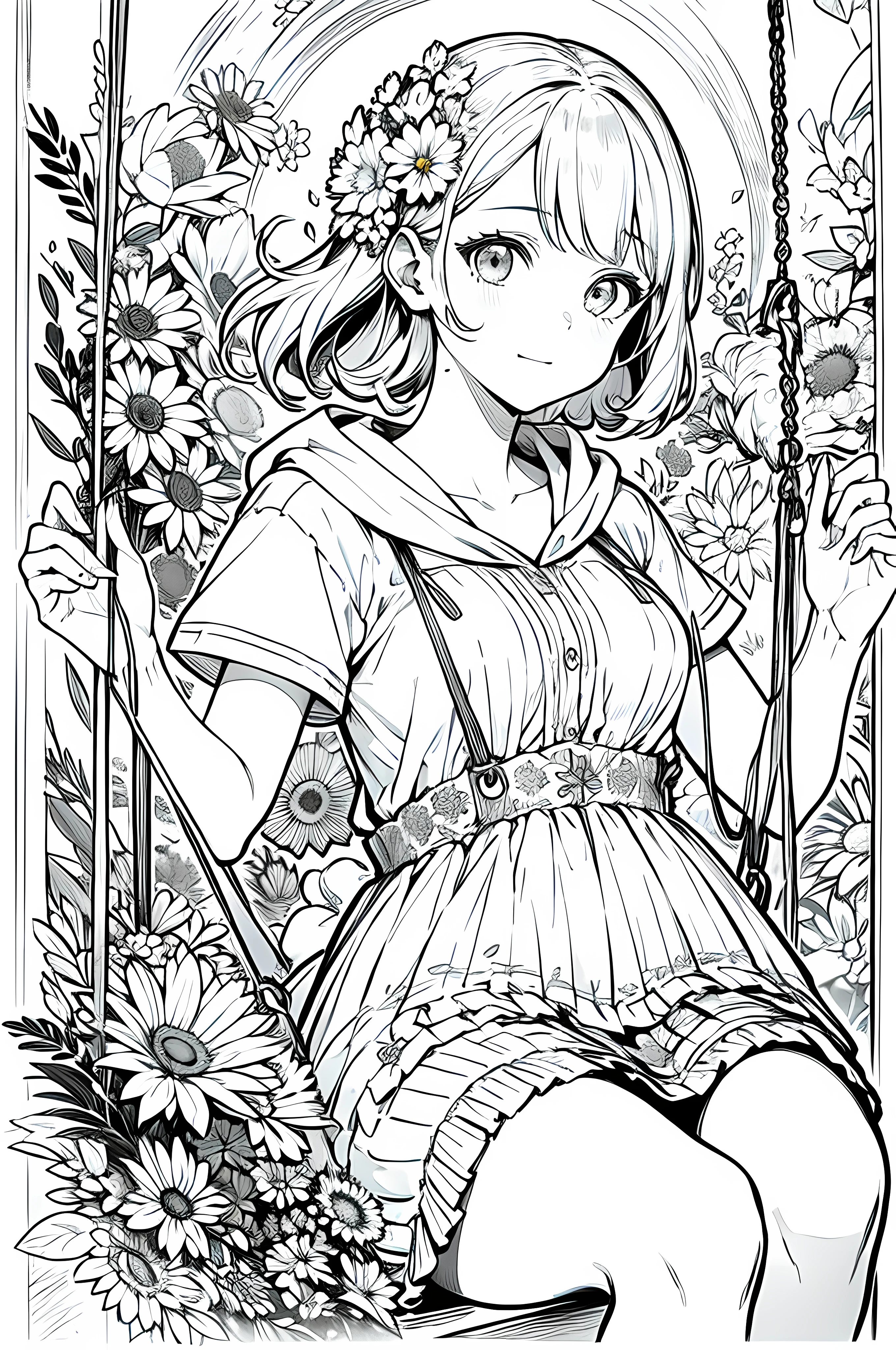 obra prima, melhor qualidade, 1 girl swinging on a swing, sozinho, Cabelos compridos, Olhando para o Viewer, sorrir, franja, saia, Camisa, Mangas compridas, kalap, vestir, Arco, participation, boca fechada, flor, Babados, flor do cabelo, Petals, flower bouquet, Fixing flower, Volantes Centrais, Hood, flower fixing bouquet, campo, flor, campo, arte linear, monocromatic,
