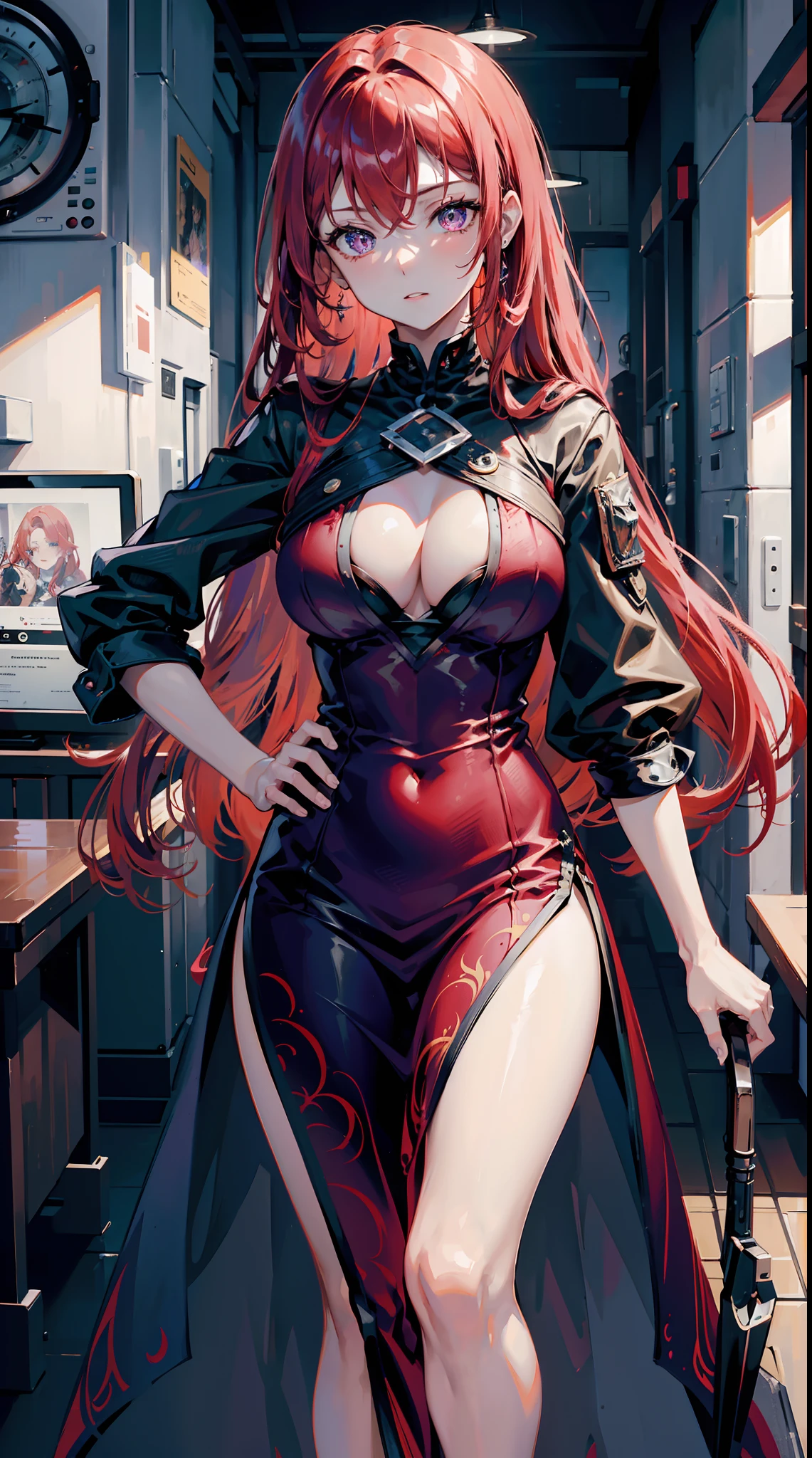 (A high resolution)extreme picture quality，Rich in detail，Beautiful woman with long red hair，Purple pupils，middlebreast，is wearing  dress，full bodyesbian
