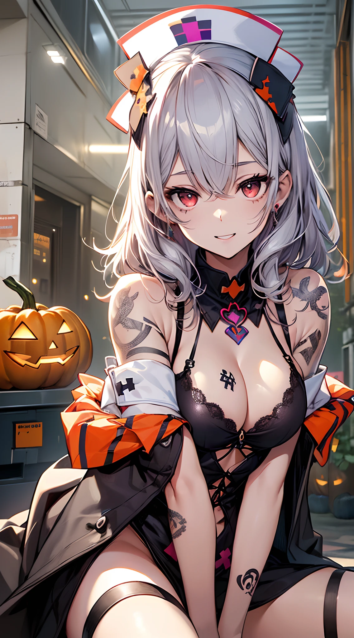 top-quality、Top image quality、in 8K,4K,masterpiece、(NSFW:1.2)、ultra-detailliert、Beautiful、ultra-quality、adult-like、Cool、girl with(((18year old、Halloween Costumes、Nurse Costume:1.3、Bust 78、silber hair、straight haired、Red Eyes、erotick:1.4、Sit down and open your legs:1.4、Emphasizes cleavage、Happiness、The tattoo)))、hiquality、visualart、Background with((Halloween 1.3))、masutepiece