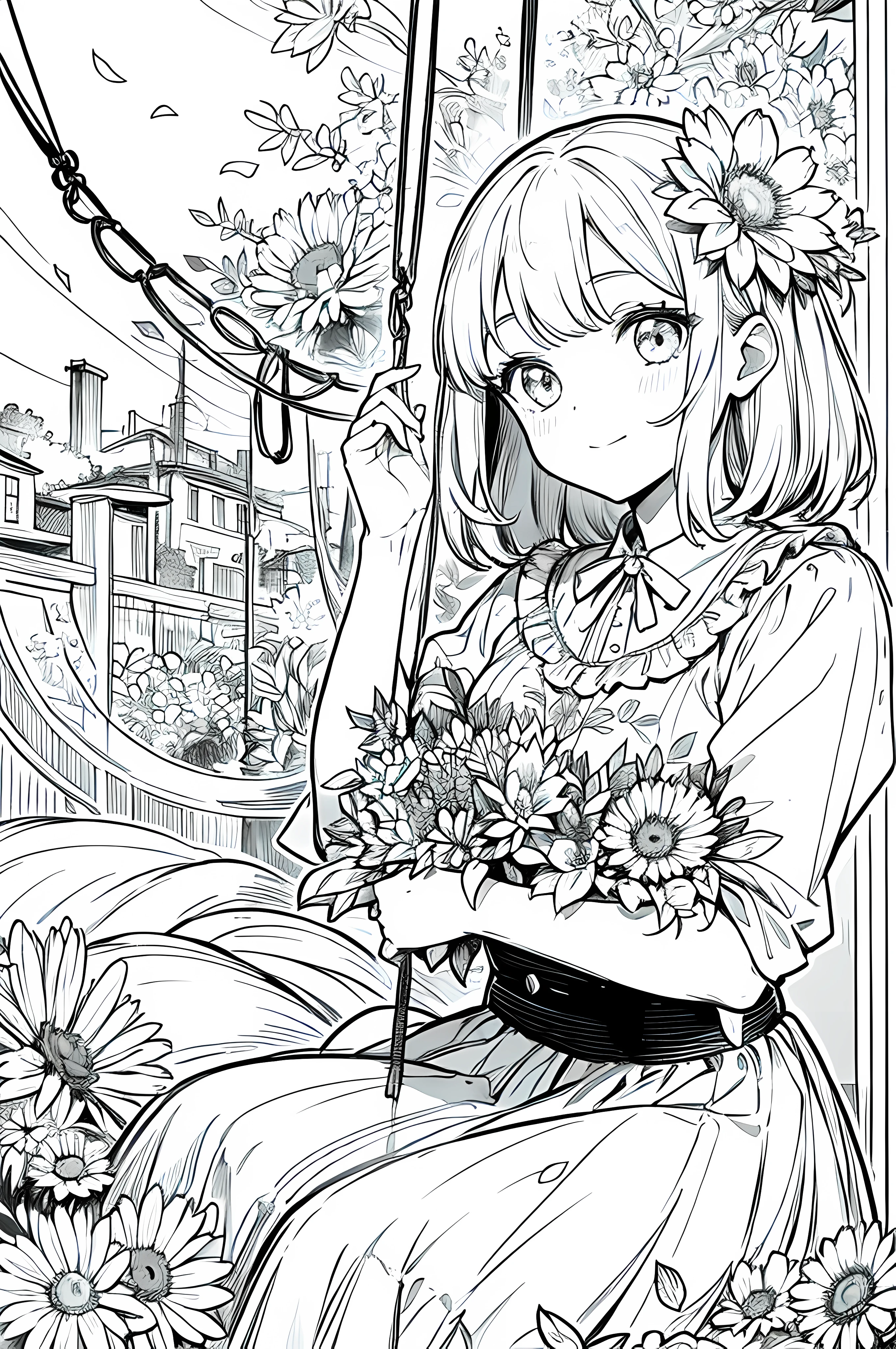 obra prima, melhor qualidade, 1 girl swinging on a swing, sozinho, Cabelos compridos, Olhando para o Viewer, sorrir, franja, saia, Camisa, Mangas compridas, kalap, vestir, Arco, participation, boca fechada, flor, Babados, flor do cabelo, Petals, flower bouquet, Fixing flower, Volantes Centrais, Hood, flower fixing bouquet, campo, flor, campo, arte linear, monocromatic,