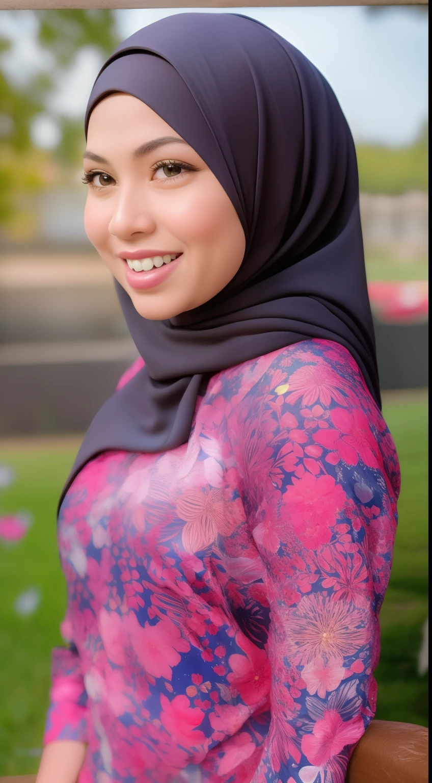 Malay girl in hijab wear small floral white baju kurung malaysia in soccer field, watching soccer, wear back pack, front view, detail skin, detail skin texture, mole below eyes, small breast, big hip, big waist, big thigh, slim abs, beautiful body, nighttime, laughing, happy, bright lighting,  blur background, bokeh,