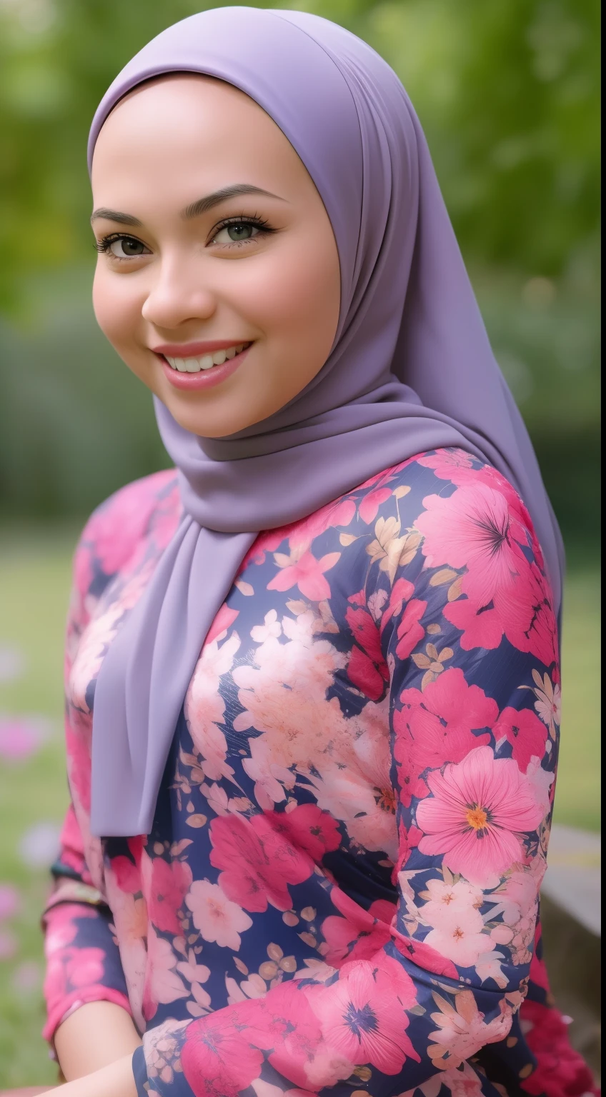 Malay girl in hijab wear small floral white baju kurung malaysia in soccer field, watching soccer, wear back pack, front view, detail skin, detail skin texture, mole below eyes, small breast, big hip, big waist, big thigh, slim abs, beautiful body, nighttime, laughing, happy, bright lighting,  blur background, bokeh,