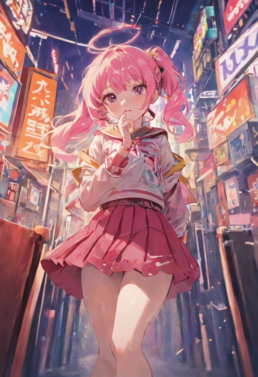 ((On a platform of shiny shards of brownish-pink paint)) is a slim girl ((smilling)) ((full body))wearing pink long, block heel close point tip with long straps attached to her tall, slim, slender,curvy legs.She also wears a. ((( pleated ))) mini lace skirt with ((holes)) her. Crop leather jacket has pink zebra stripes down the side of the sleeves, Her green curly hair shoots up. Vertical and flutters in the winds. CircLing around her ((cute face, high lights in hair, Pink eyes, ((best graphic)) artgem, (((Square Enix Images))) Wlop, 3D animation,Cinematic Still, vignette, color graded, post-processed, cinematic lighting, 35mm film, live-action, best quality atmospheric, a masterpiece, epic, stunning, dramatic