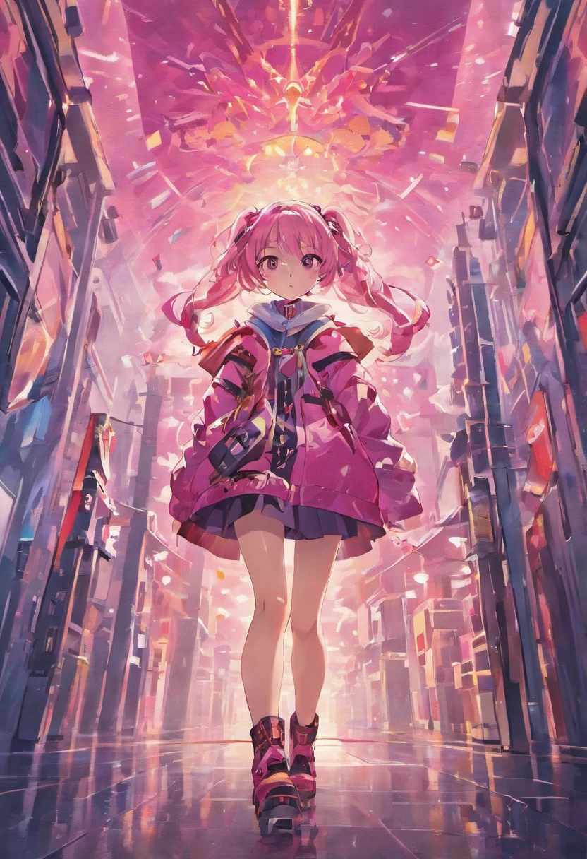 high resolution, best quality, masterpiece, very high image quality, ultra-detailed, hyperrealistic, 3d, anime, illustrations, fantasy, hard rock girl, very beautiful cute, pink wavy hair, side braid, miniskirt, knee high socks, engineer boots, background cyber punk city galaxy, 1girl
