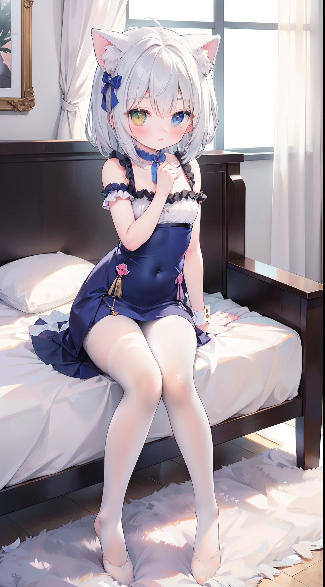 Wear beautiful clothes（the maid outfit），maidennurse，Heteropupil，Heterochromia，The ****** girl was cute，cat ear，coda，Tied with a ball head，hair tying up，（mitts），lacepantyhose，dynamicposes，photographed，Pose，Sit Pose，Beds，inside in room，borgar，Full body photo