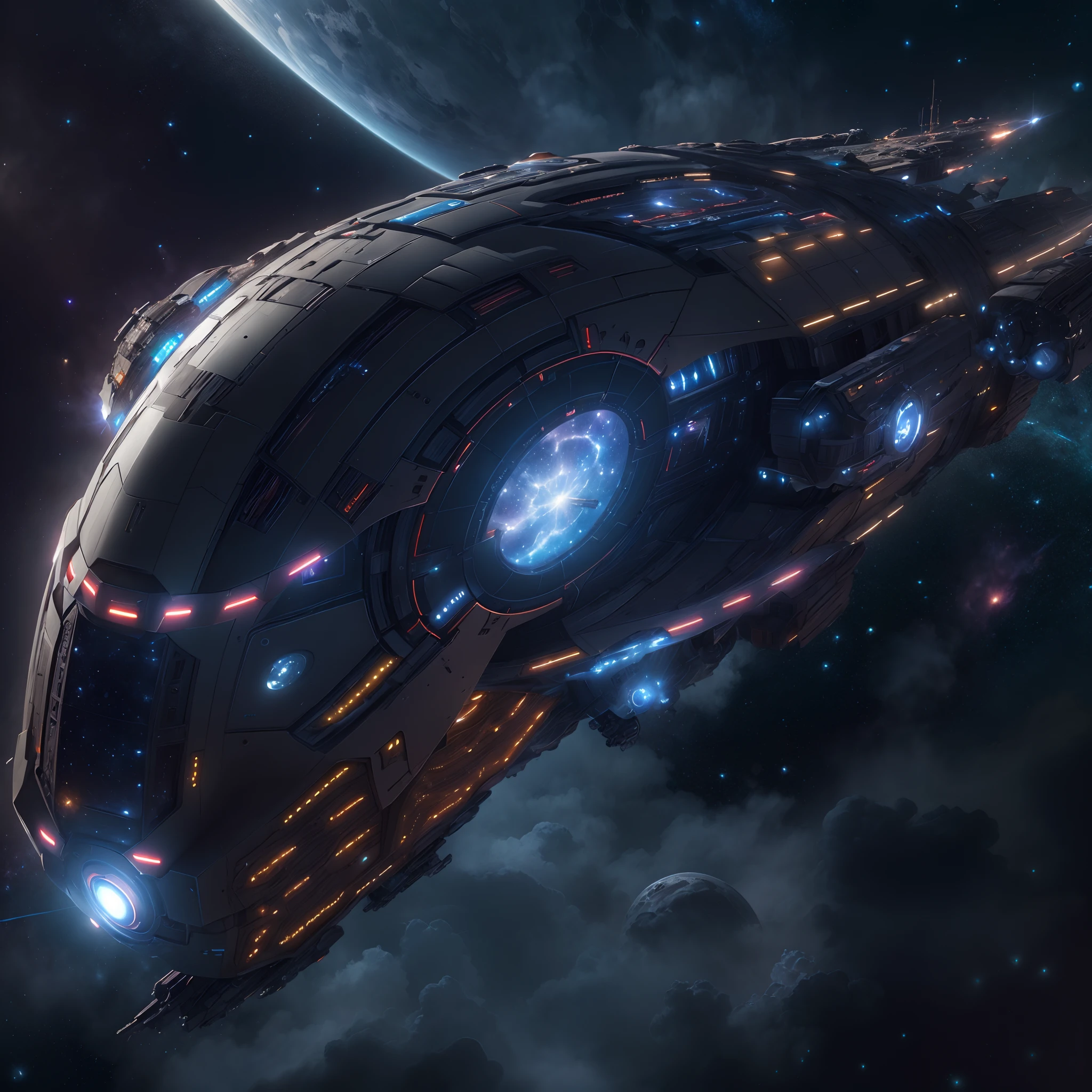 A huge spaceship,full bodyesbian，Solo，Spaceships in the Avengers，seen from outside，(multiple lighting sources:1.5),Detailed hull details,Cosmic galaxy background,Escaped spaceship,((Best quality)), ((Masterpiece)), (Epic composition:1.2), (unreal 5 render:1.1)