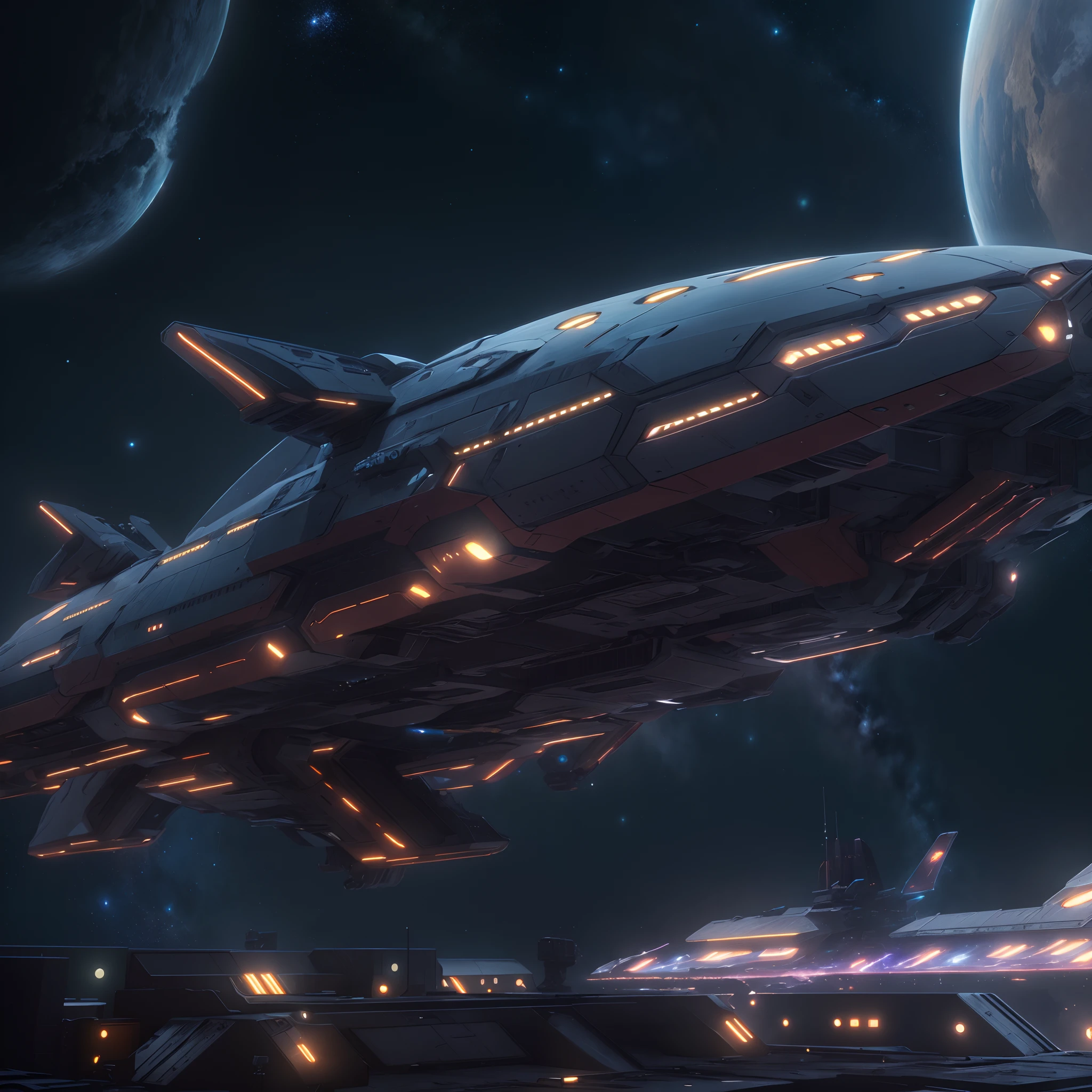 A huge spaceship,full bodyesbian，Solo，Spaceships in the Avengers，seen from outside，(multiple lighting sources:1.5),Detailed hull details,Cosmic galaxy background,Escaped spaceship,((Best quality)), ((Masterpiece)), (Epic composition:1.2), (unreal 5 render:1.1)