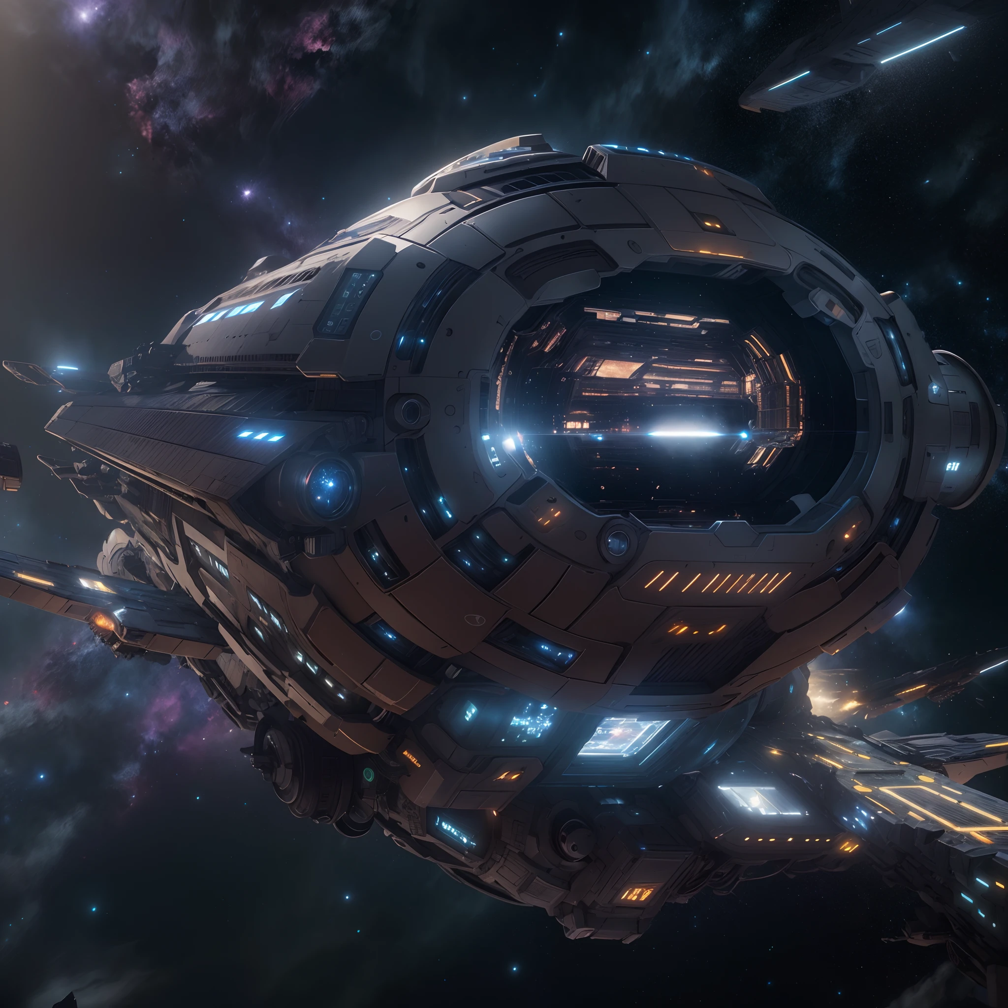A huge spaceship,full bodyesbian,Solo,Spaceships in the Avengers,seen from outside,(multiple lighting sources:1.5),Detailed hull details,Cosmic galaxy background,Escaped spaceship,((Best quality)), ((Masterpiece)), (Epic composition:1.2), (unreal 5 render:1.1)