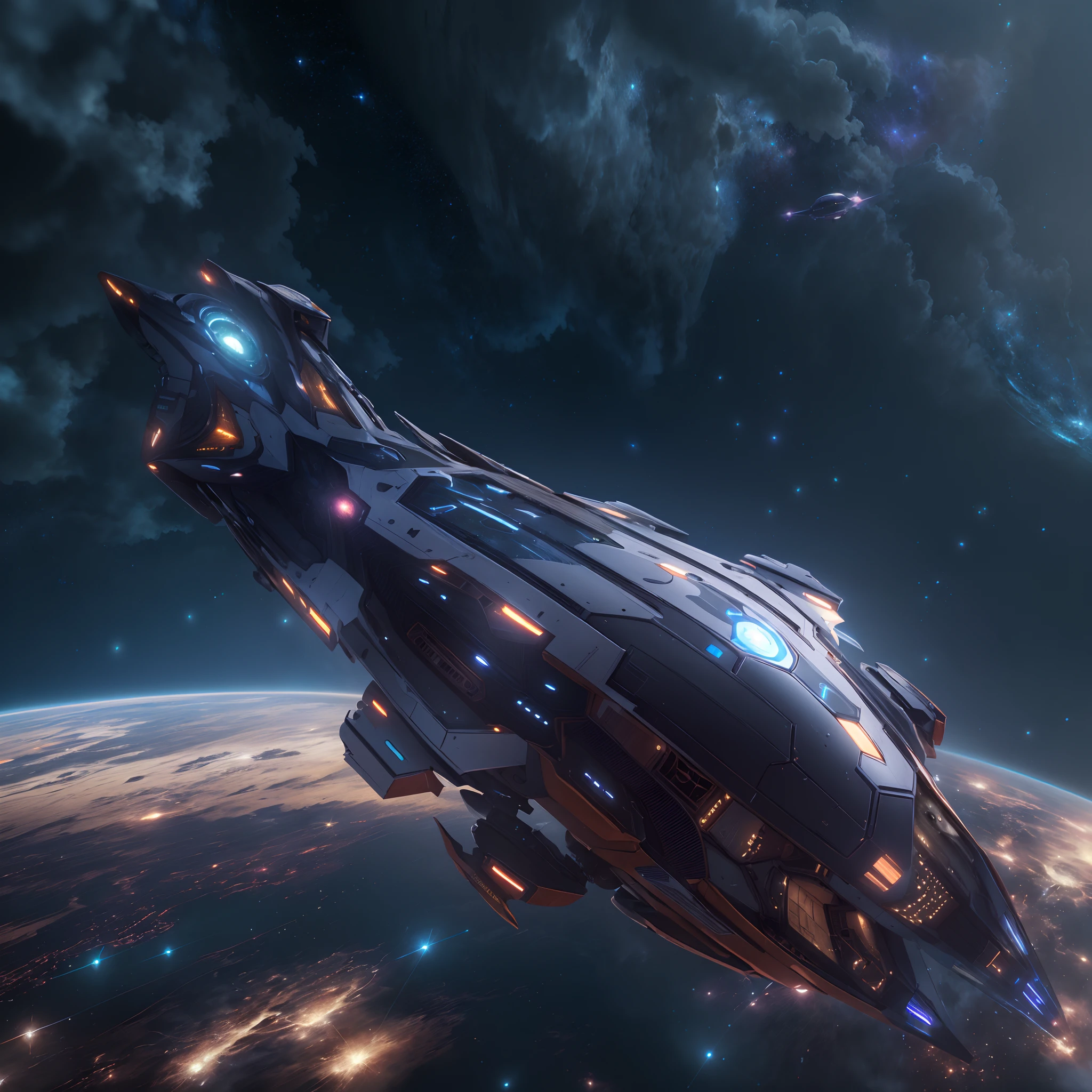 A huge spaceship,full bodyesbian,Solo,Spaceships in the Avengers,seen from outside,(multiple lighting sources:1.5),Detailed hull details,Cosmic galaxy background,Escaped spaceship,((Best quality)), ((Masterpiece)), (Epic composition:1.2), (unreal 5 render:1.1)