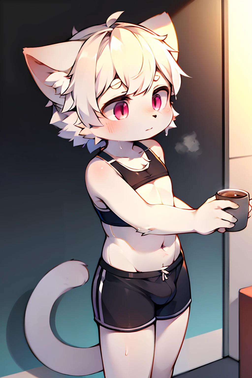 Pink pupils, White fluffy body, Furry cat tail, girl cat,Feminine characteristics,A cup-sized chest,White color hair,Exquisite wallpapers,Very cute,The popular style of the P station,One role solo,White cute fluffy little long legs,Shotai style,Inner figure eight standing position,Blushlush,Sexy skinny black swim trunks,Lewd expression,Black sports strap bra,Sweat