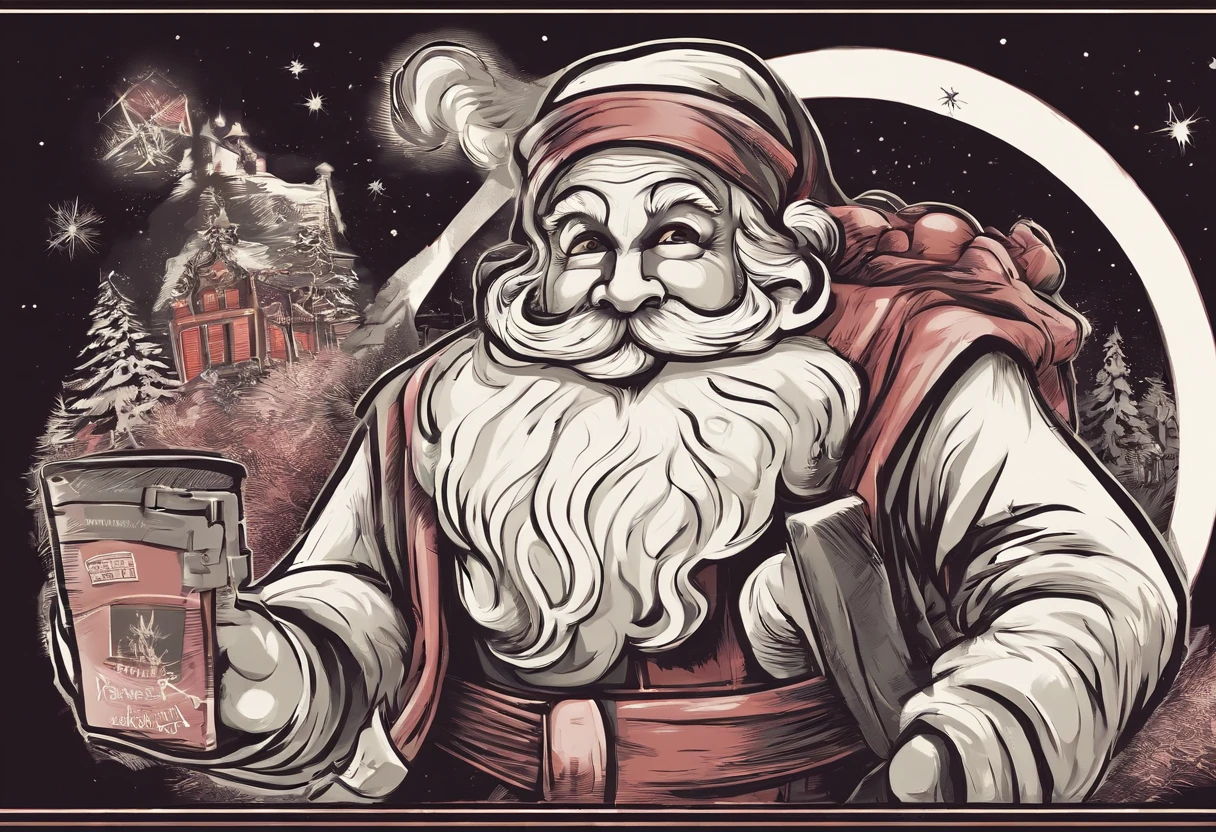 Nostalgic Santa Claus carrying a sack of toys over his
shoulder, depicted in a 1950s retro advertisement art
style, capturing the magic of yesteryear's Christmas,
dynamic and vibrant lighting, T-shirt design graphic,
vector, contour, flat black background.
