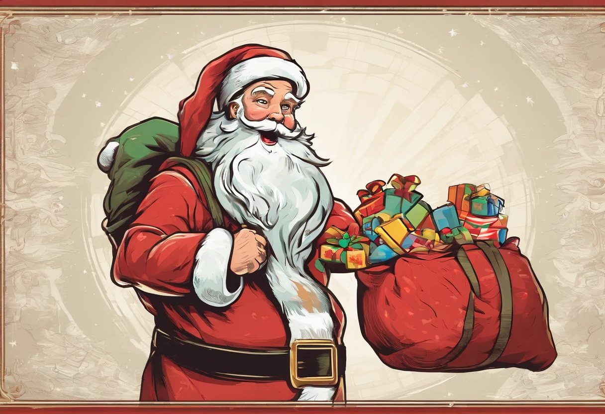 Nostalgic Santa Claus carrying a sack of toys over his
shoulder, depicted in a 1950s retro advertisement art
style, capturing the magic of yesteryear's Christmas,
dynamic and vibrant lighting, T-shirt design graphic,
vector, contour, flat black background.