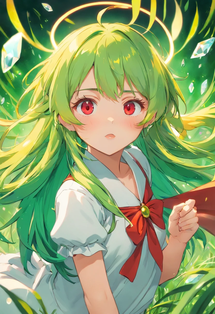 Diabolical idol Green hair Red and yellow odd-eye Wheat-toned skin Ice magic 年轻 Naughty Poses cute little tits out friendly