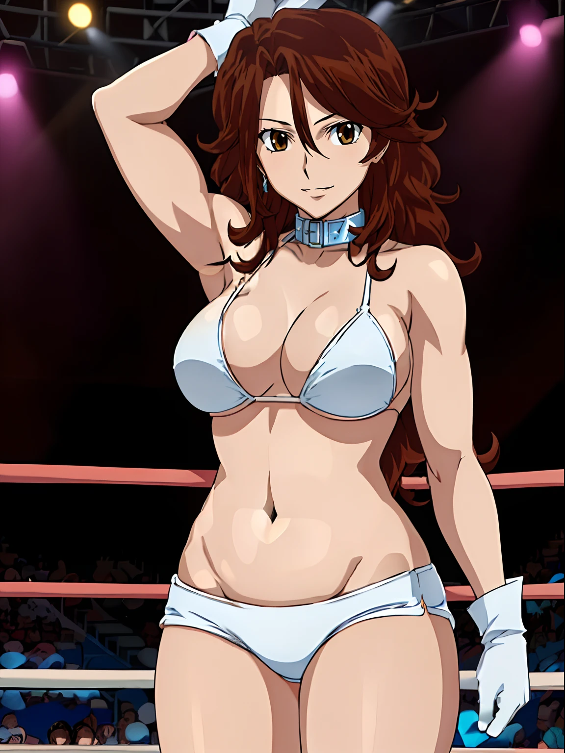 (wwe diva), body view, anime style: 1.8, anime drawing, ultra detailed face, ultra detailed body, 4k, Sumergai Lee Noriega, (standing), best quality, anime style, hires, highest definition, digital blending, bold drawing lines, ((wwe diva), (location: wrestling arena, crowds watching), ( slim body, little biceps, thighs, off-shoulders, (curvy: 2.8)), ((white bikini, shorts, groin, , white gloves, collar)), victorious, winner, gentle, (big breasts, smile), (big eyes, brown eyes), (clapping), (brown hair, loose hair, curly hair, wavy hair, long hair, missy hair), 27 years old, (flexing both arms)