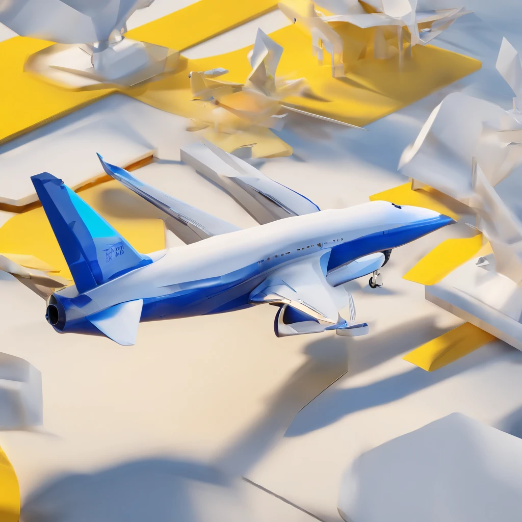(a jet plane take-off in the air, white background), yellow color, grey color, navy-blue color, white color, simple lightning, top-side camera angle, fine shape, low-poly render, clean background, flat-color background