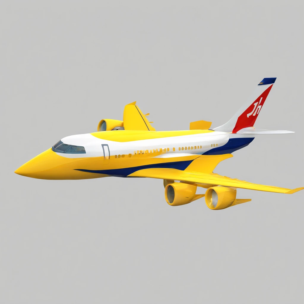 (a jet plane take-off in the air, white background), yellow color, grey color, navy-blue color, white color, simple lightning, top-side camera angle, fine shape, low-poly render, clean background, flat-color background
