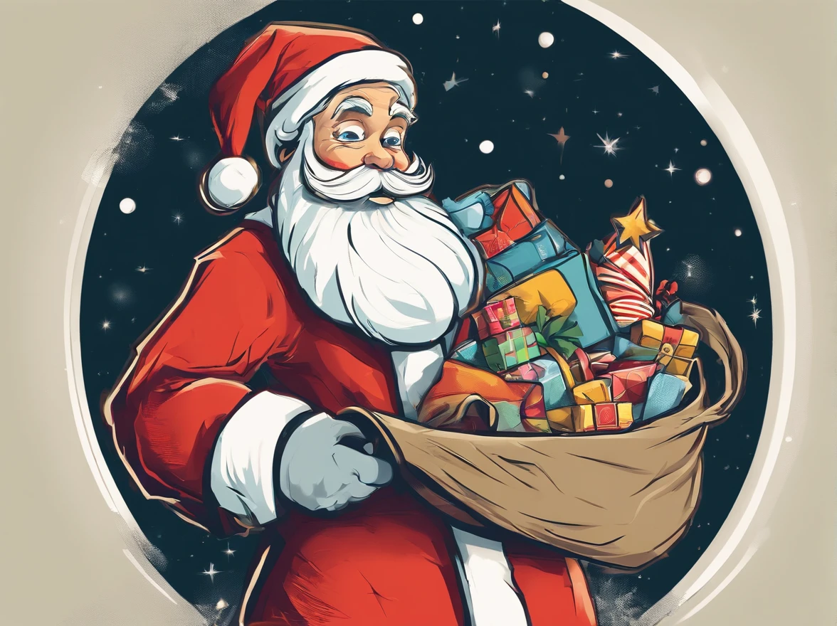 Nostalgic Santa Claus carrying a sack of toys over his
shoulder, depicted in a 1950s retro advertisement art
style, capturing the magic of yesteryear's Christmas,
dynamic and vibrant lighting, T-shirt design graphic,
vector, contour, flat black background.