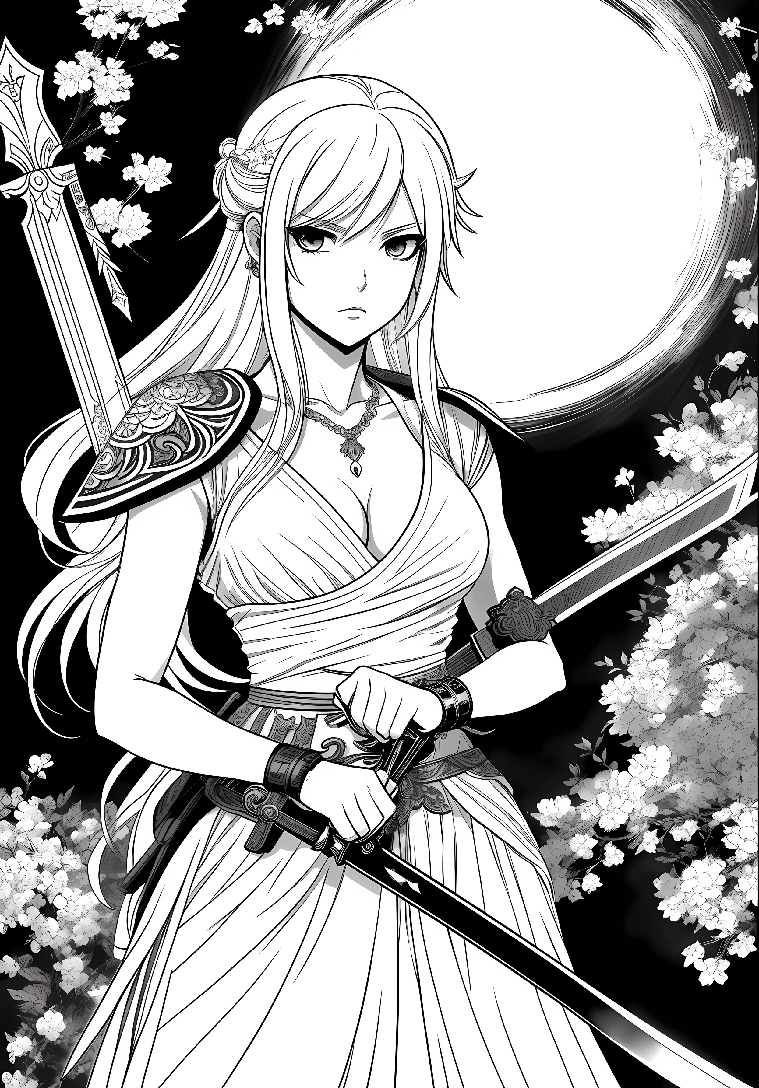 a drawing of a woman in a white dress holding a sword, holding a sword on her shoulder, black and white manga comic, she is holding a sword, black and white manga, black and white manga style, manga cover style, black and white manga page, sui ishida art manga, afro samurai manga style, full view, white haired deity, manga cover