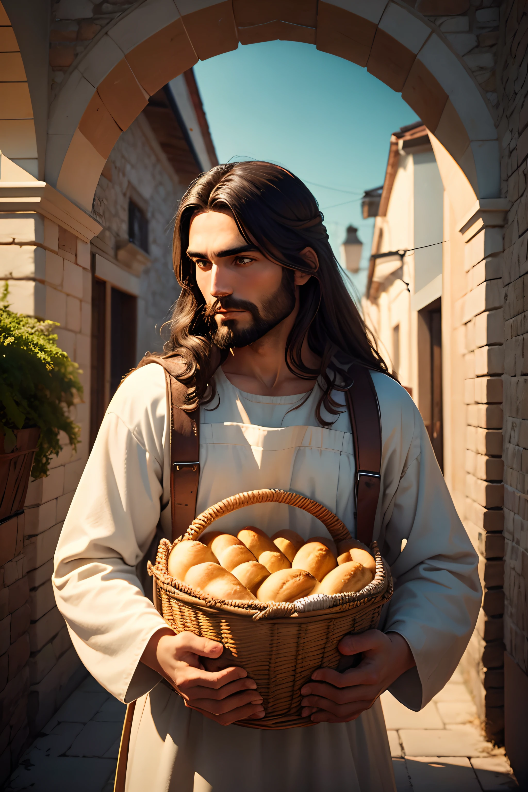 Jesus holding a basket of loaves of bread