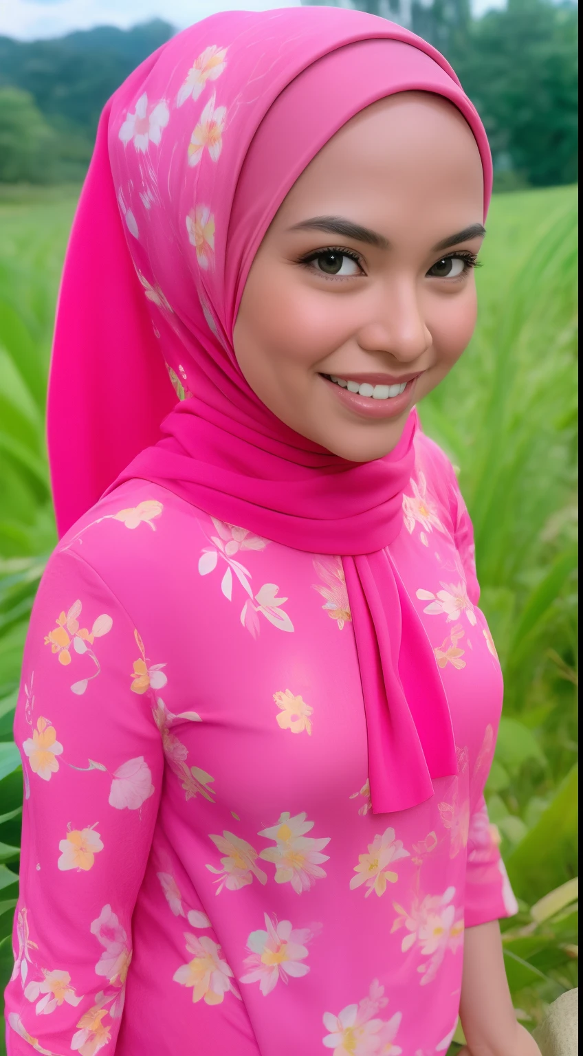 Malay girl in hijab wear pink small floral baju kurung malaysia in paddy field near malay village, wear back pack, front view, detail skin, detail skin texture, mole below eyes, small breast, big hip, big waist, big thigh, slim abs, beautiful body, nighttime, laughing, happy, bright lighting,  blur background, bokeh,