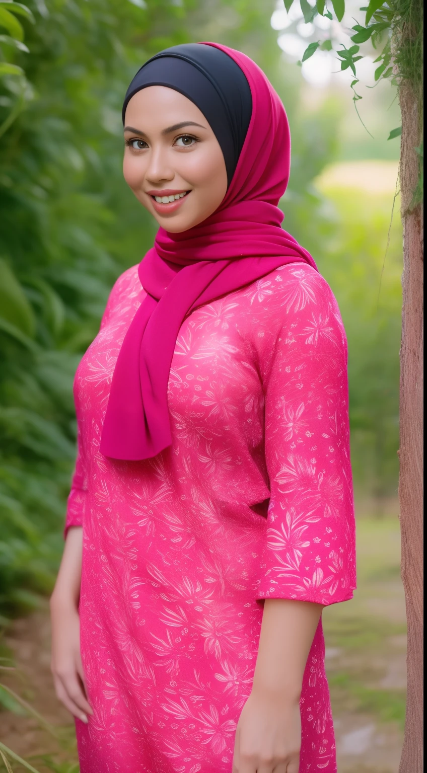 RAW, Best quality, high resolution, masterpiece: 1.3), beautiful Malay woman in hijab,Masterpiece, perfect fit body, ((Huge breast)), biggorgeous eyes, Soft smile, slim waist, muslim woman in a plain long sleeve shirt and hijab posing for a picture, hijab, with lovely look, with beautiful colors, with accurate face, pose 4 of 1 6, traditional beauty, batik, wearing beautiful clothes, beutifull, with beautiful exotic, attractive pose, cute pose, scarf, wearing plain chiton, very attractive , she is smiling,Delicate turtleneck, necklace, shairband, afternoon walk, City garden, Excellent lighting, Bright colors, Clean lines